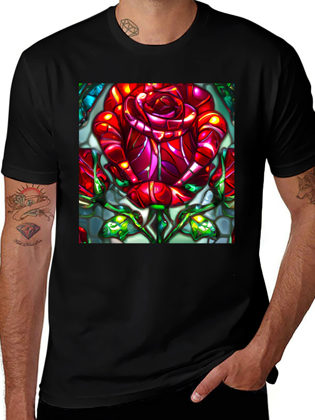 Variant 10 of Stained Glass Rose T-Shirt - Unique Floral Art Tee