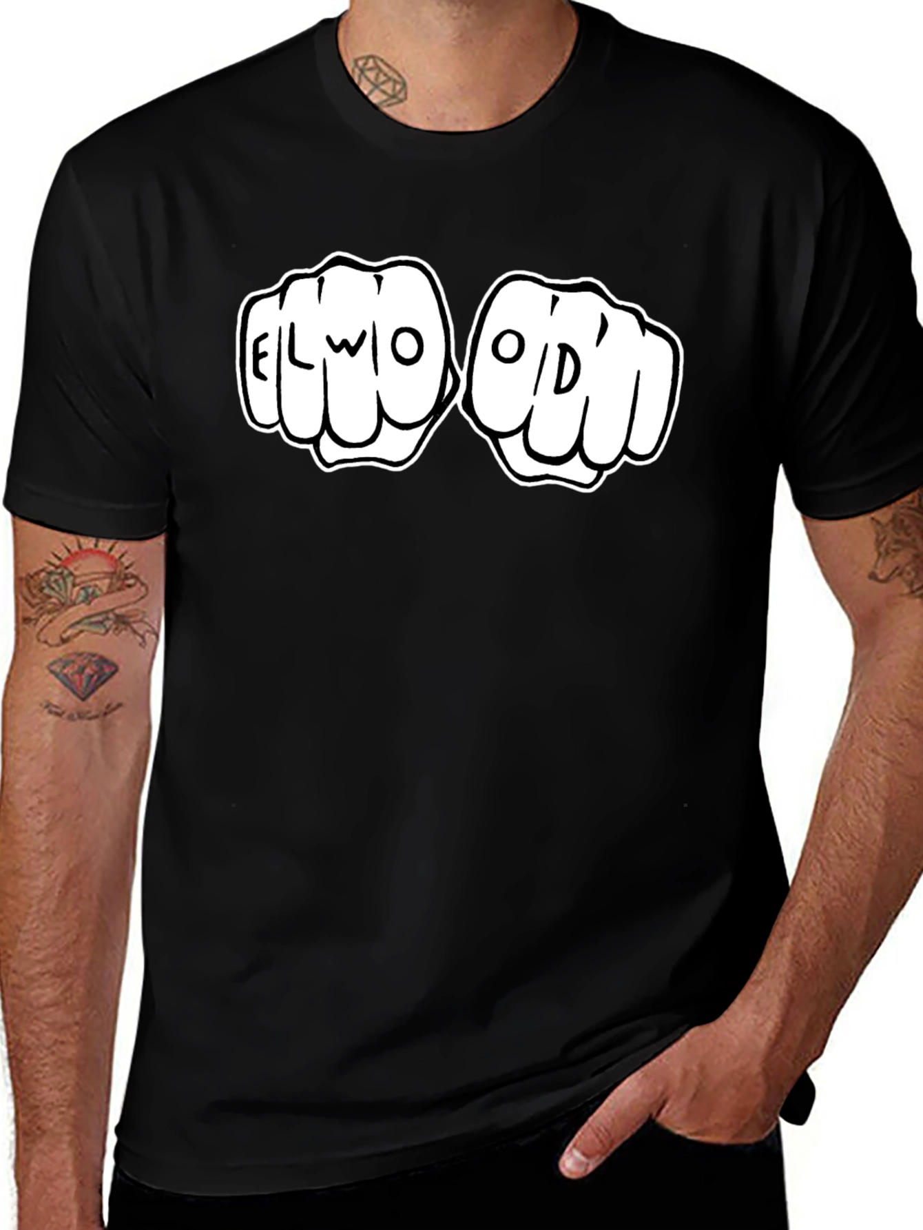 Variant 5 of Elwood Fist Bump Graphic Tee - Black Cotton T-Shirt