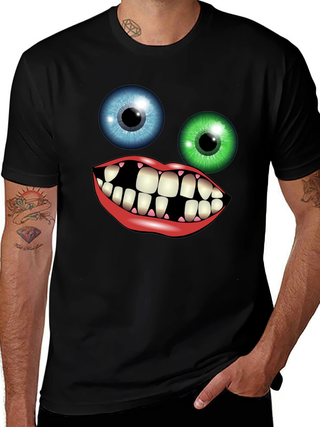 Variant 15 of Funny Monster Face Graphic Tee - Blue and Green Eyes T-Shirt