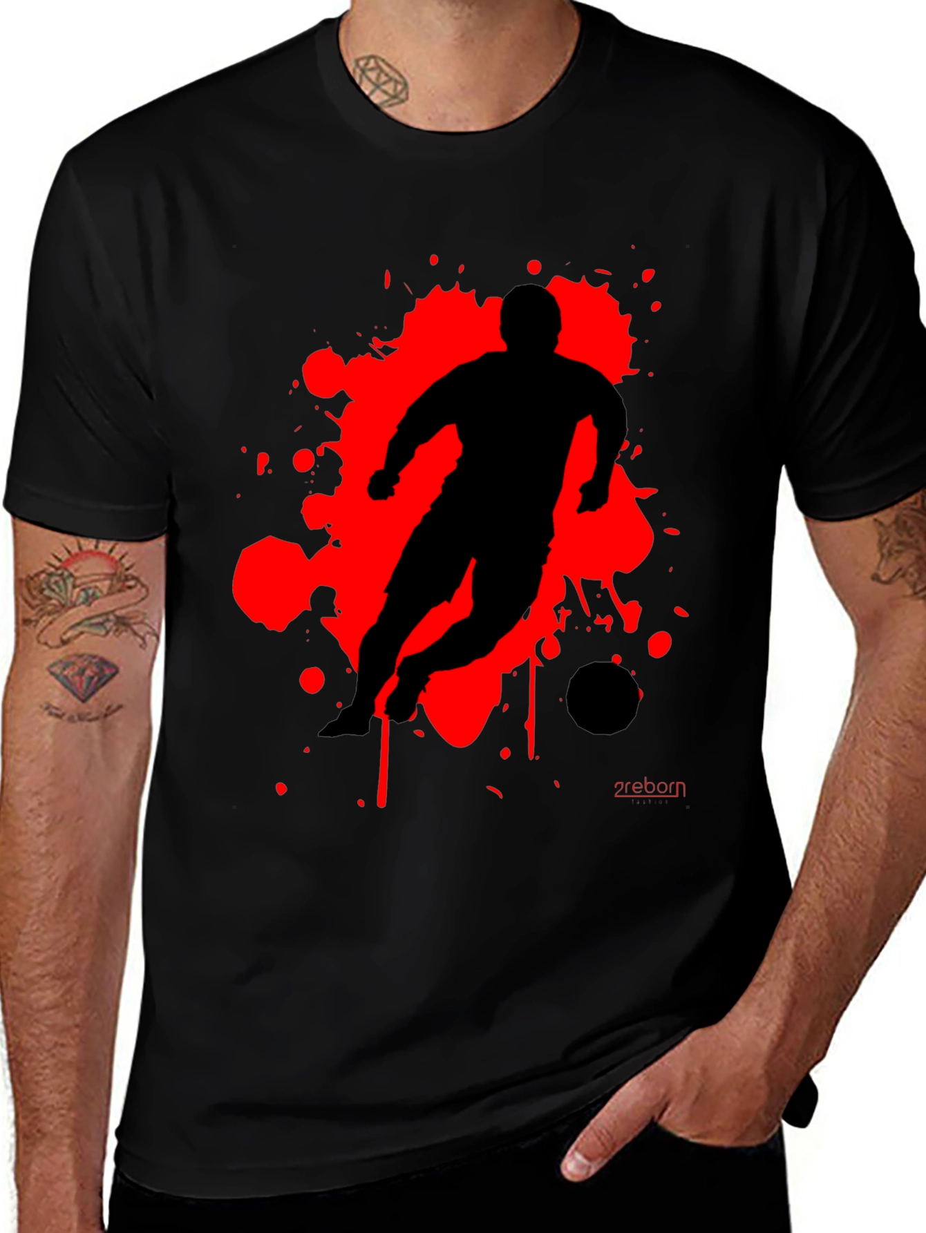 Variant 18 of Men's Soccer Graphic Tee - Black with Red Splatter Design