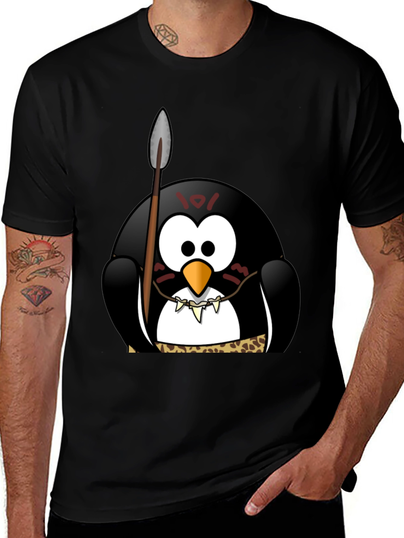 Variant 14 of Tribal Penguin Graphic T-Shirt - Black Cotton Tee
