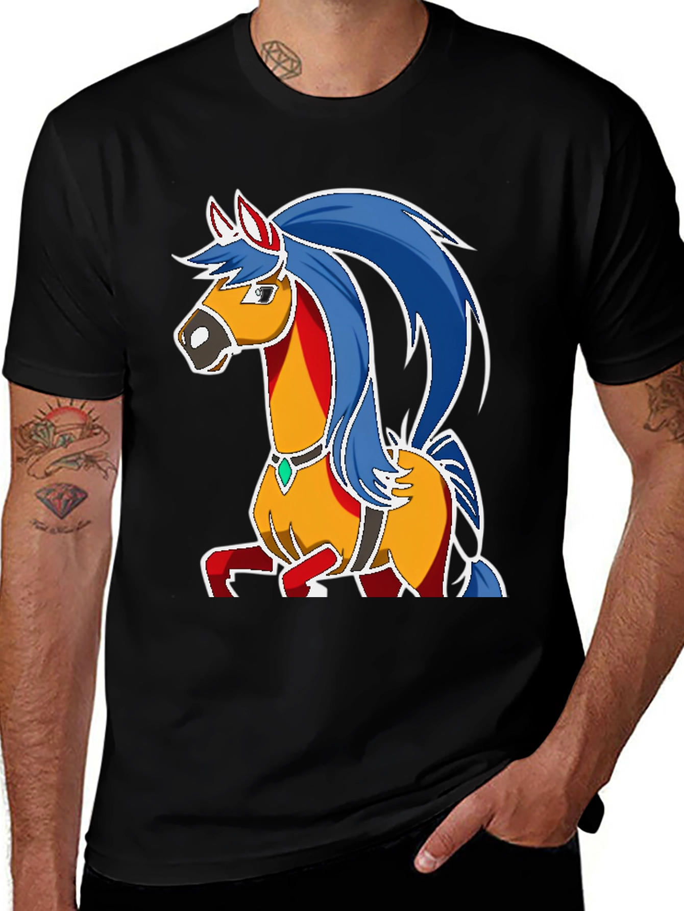 Variant 7 of Cartoon Horse Graphic Tee - Black T-Shirt