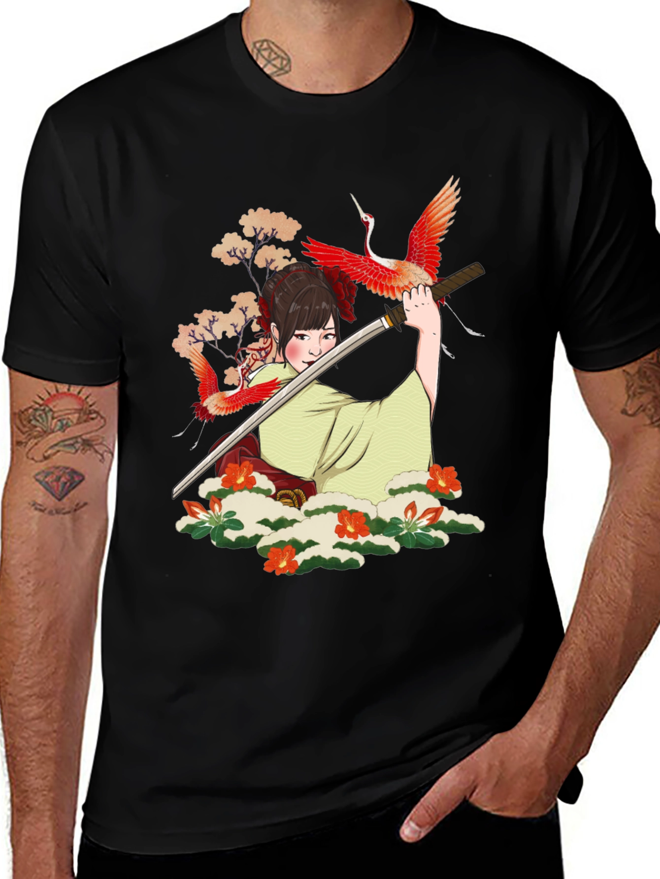 Variant 18 of Samurai Girl Graphic Print T-Shirt - Black