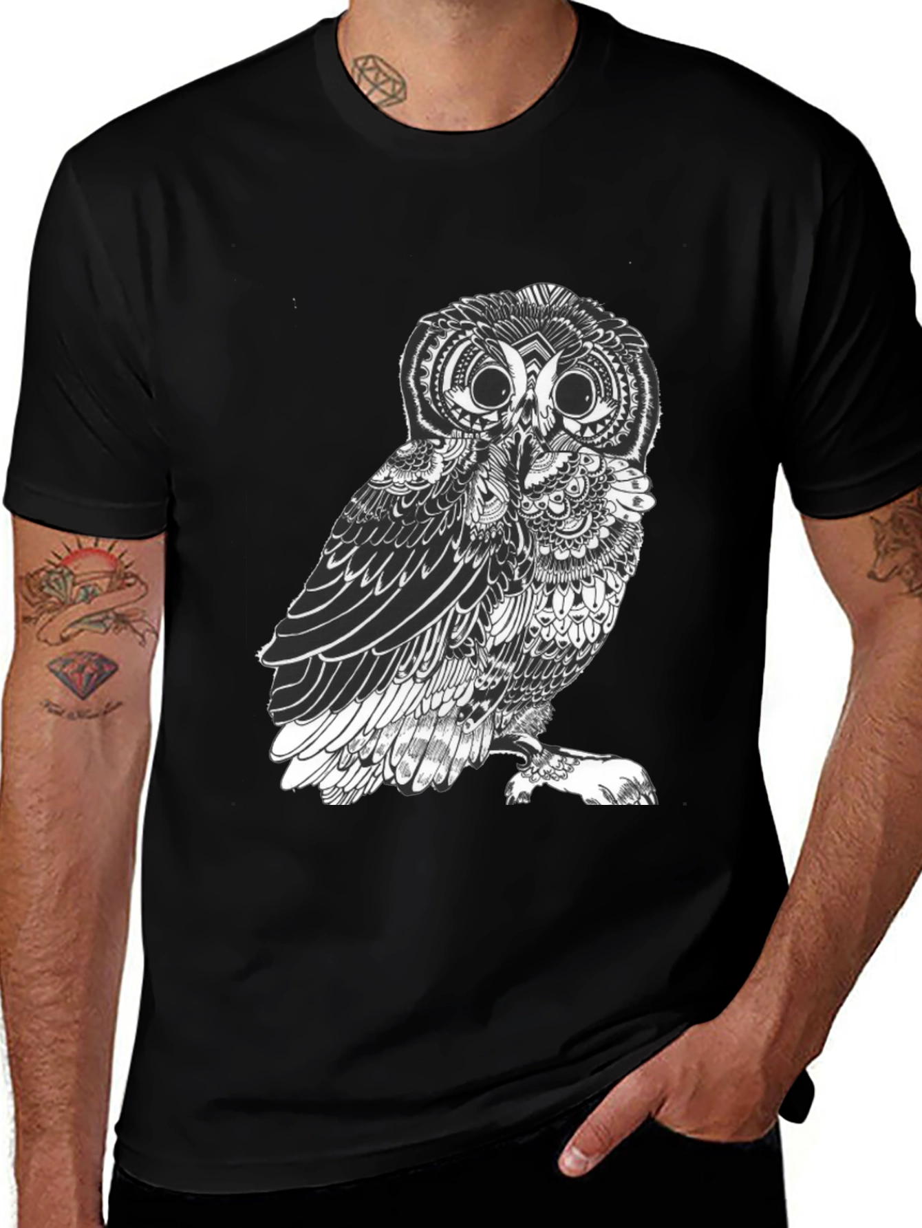Variant 28 of Men's Black Owl Graphic Tee - Unique Design