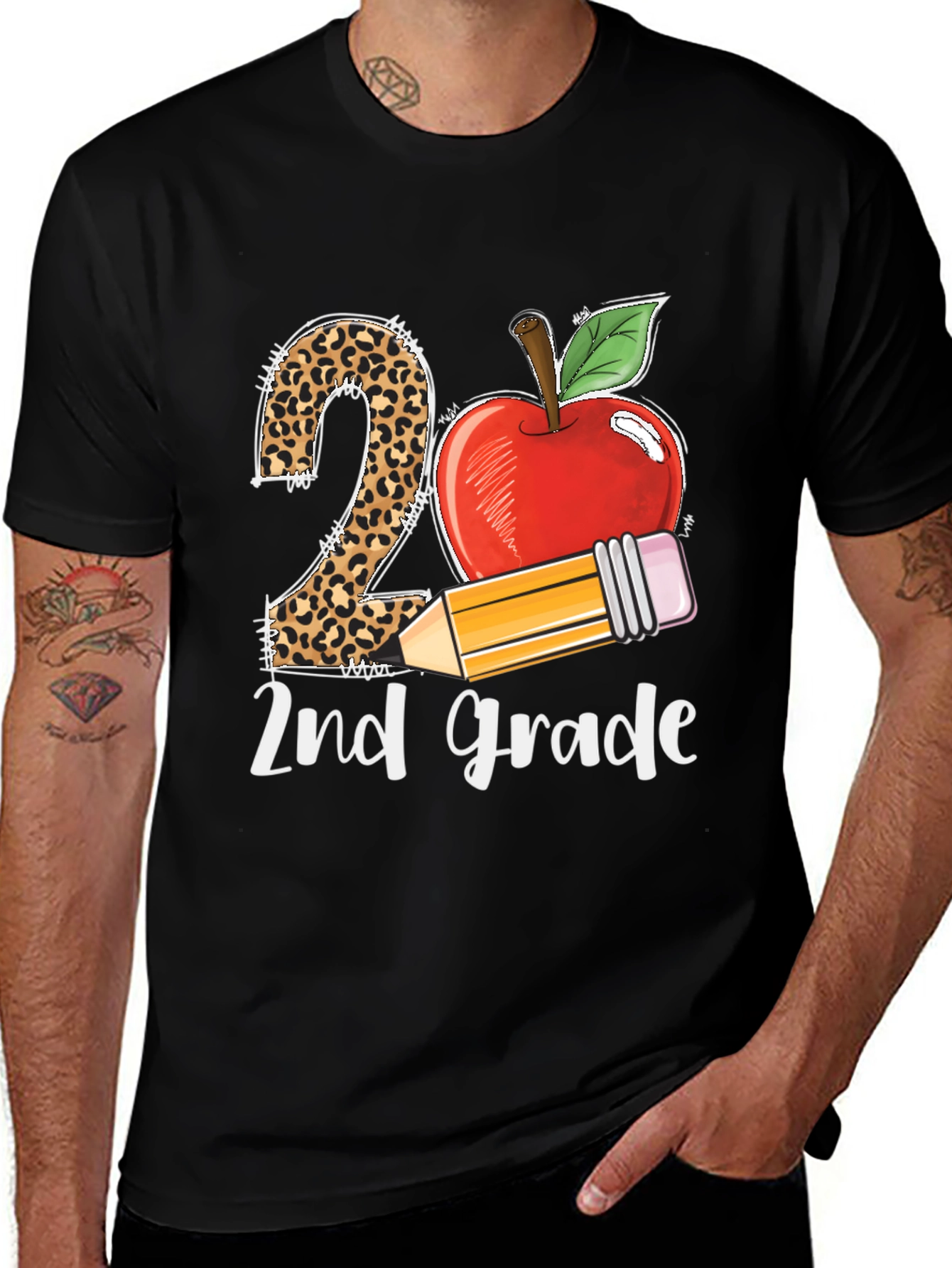 2nd Grade Teacher T-Shirt Apple Pencil Leopard Print