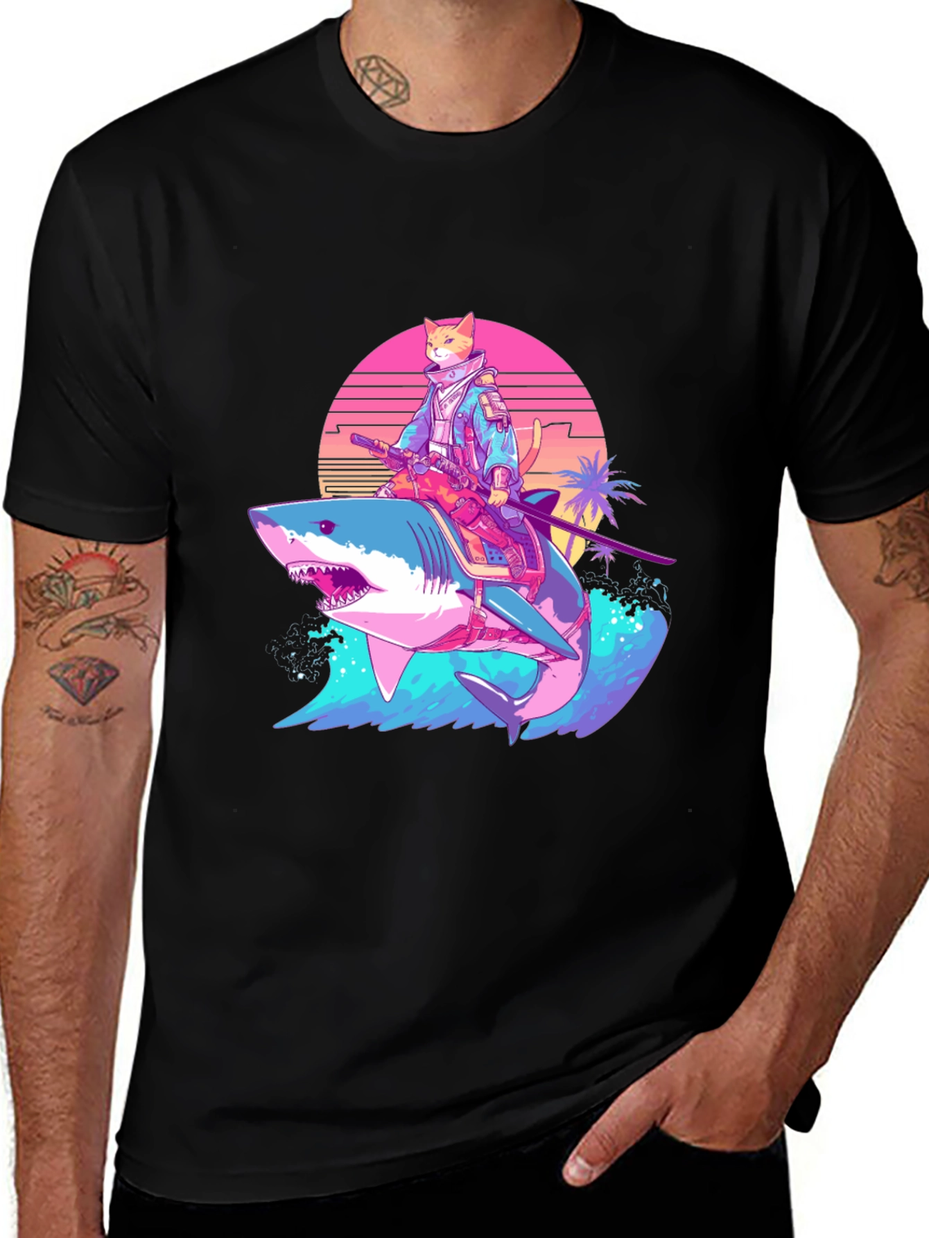Variant 18 of Cat Samurai Riding Shark T-Shirt