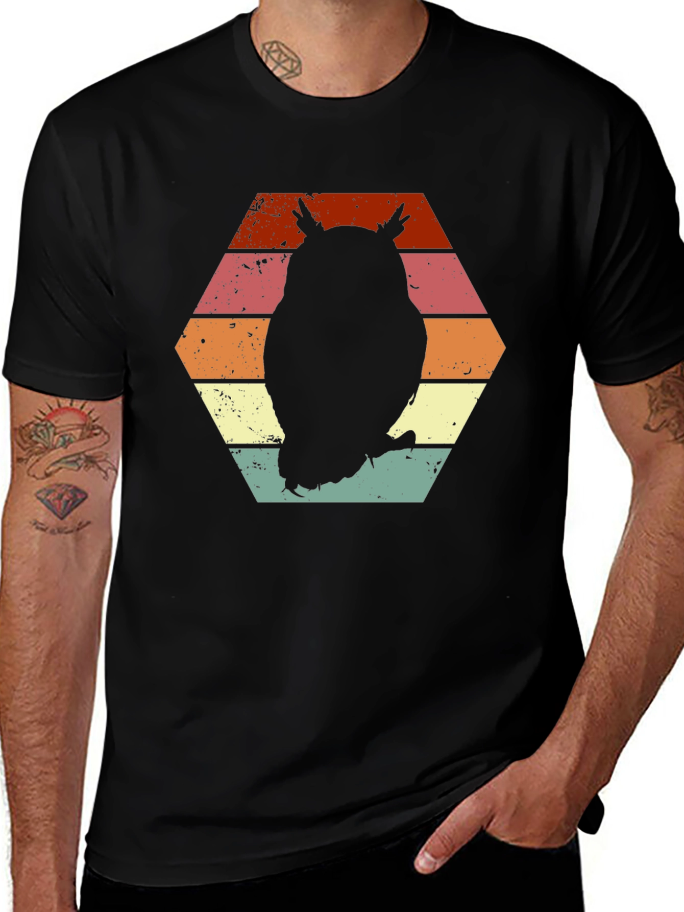 Retro Owl Hexagon Graphic Tee - Unisex Black T-Shirt