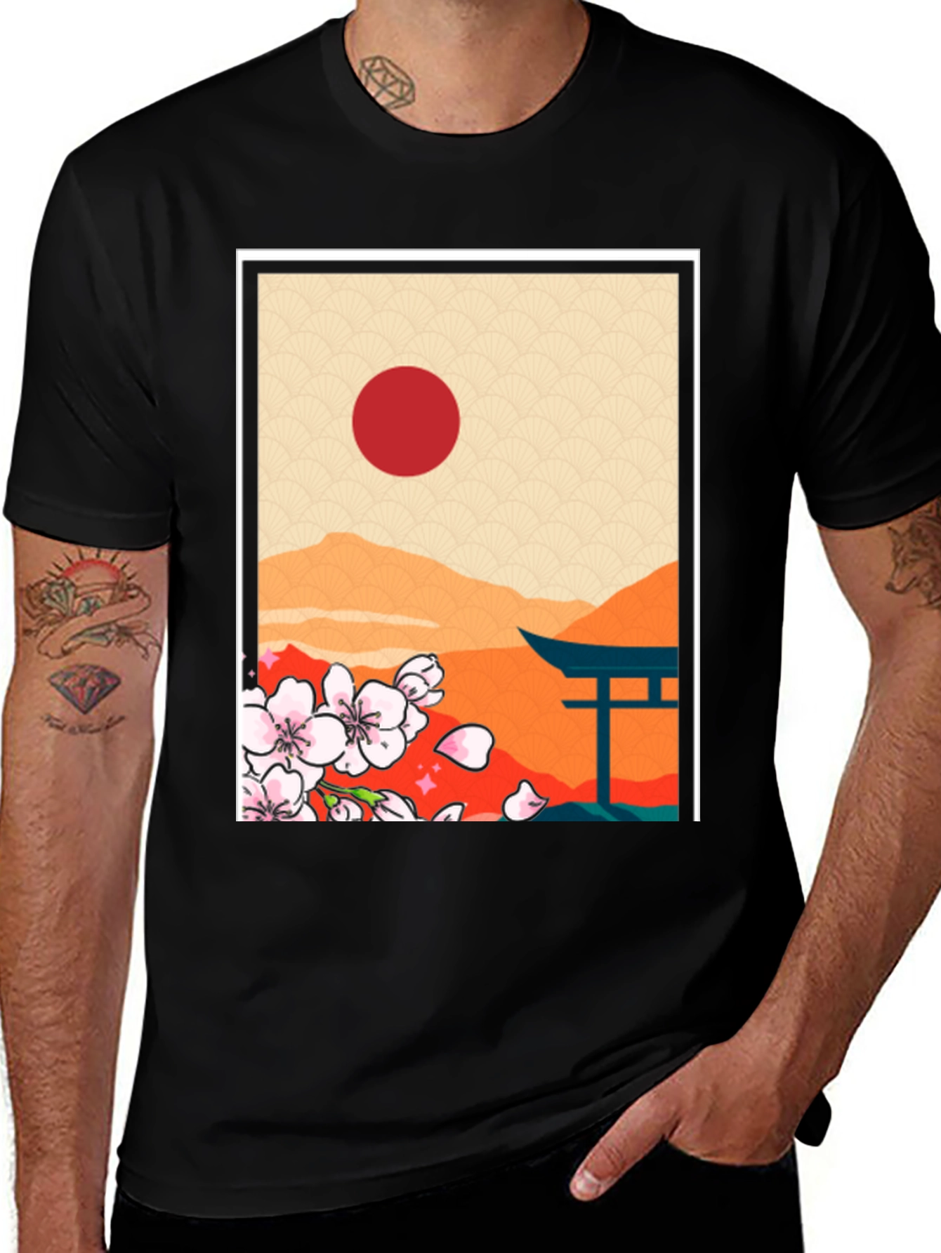 Variant 17 of Japanese Art Black T-Shirt - Sunrise, Cherry Blossoms