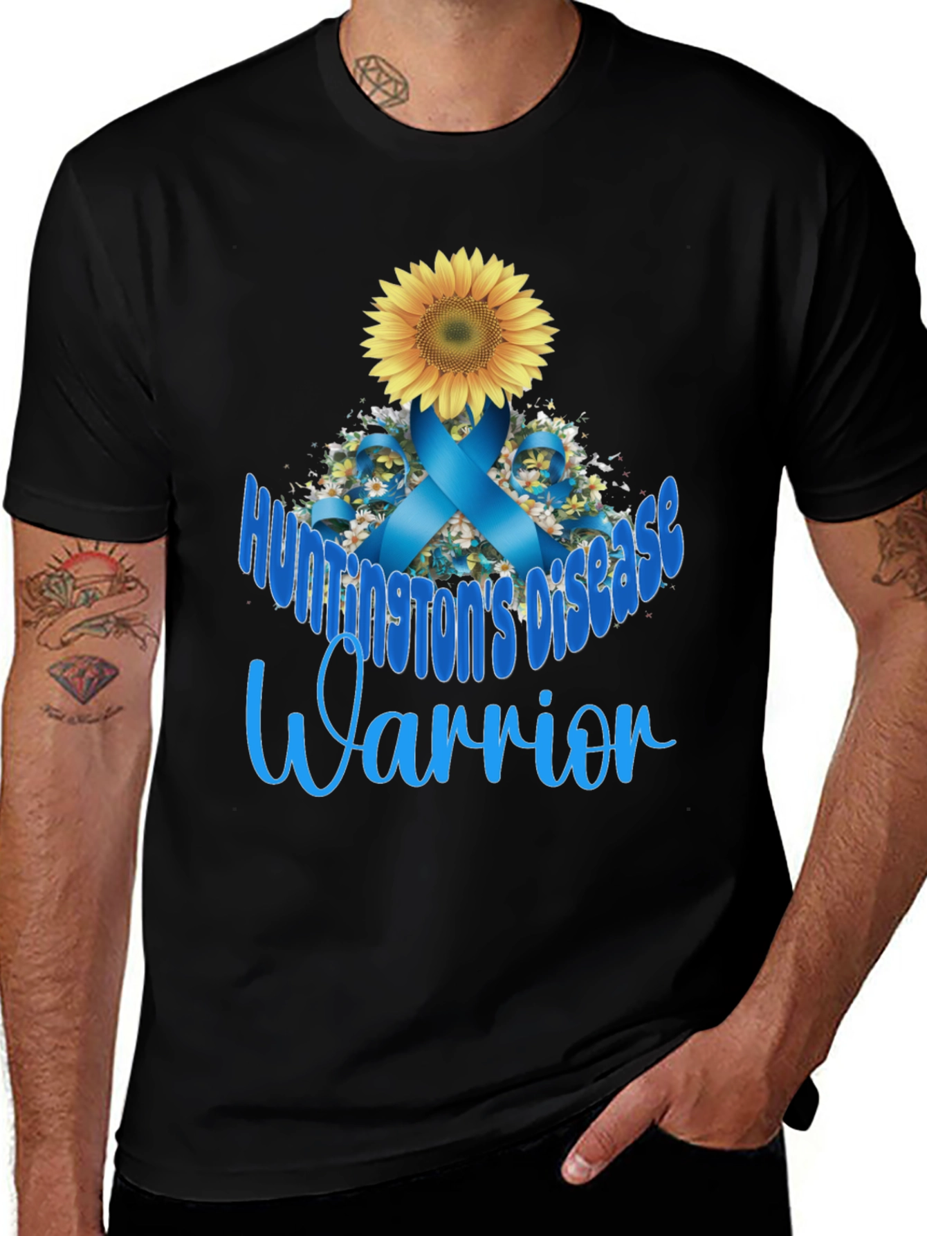 Huntington's Disease Warrior T-Shirt Sunflower Blue Ribbon