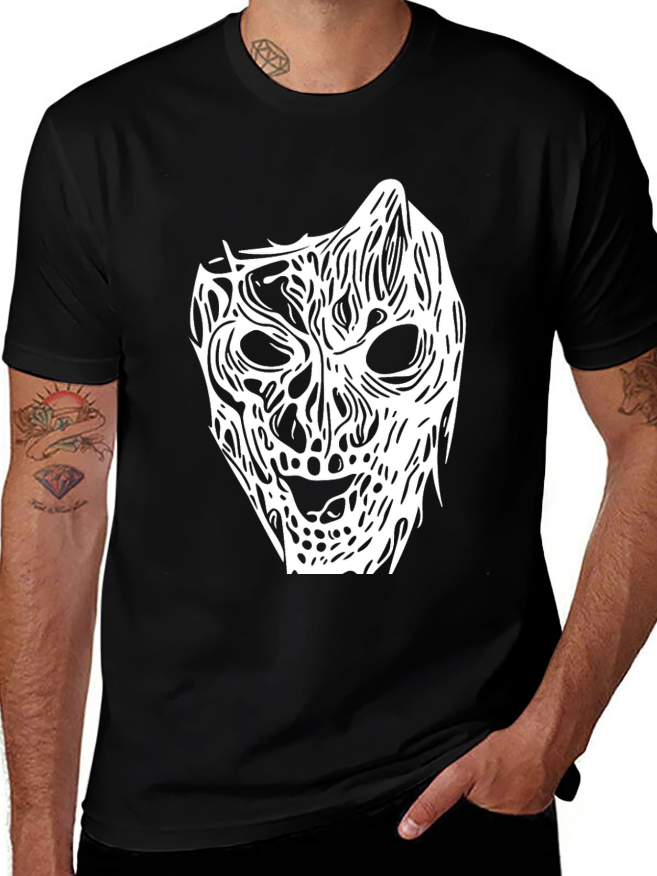 Variant 7 of Horror Mask Graphic Tee - Black Cotton Shirt