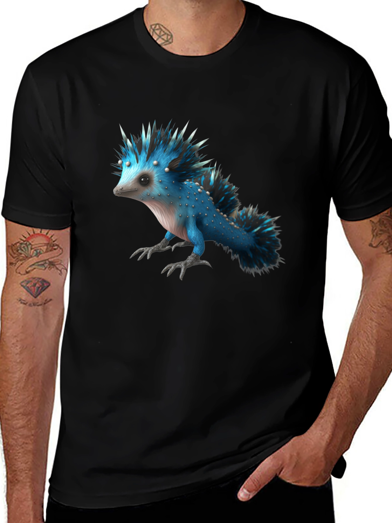 Variant 11 of Men's Black T-Shirt with Blue Creature Graphic