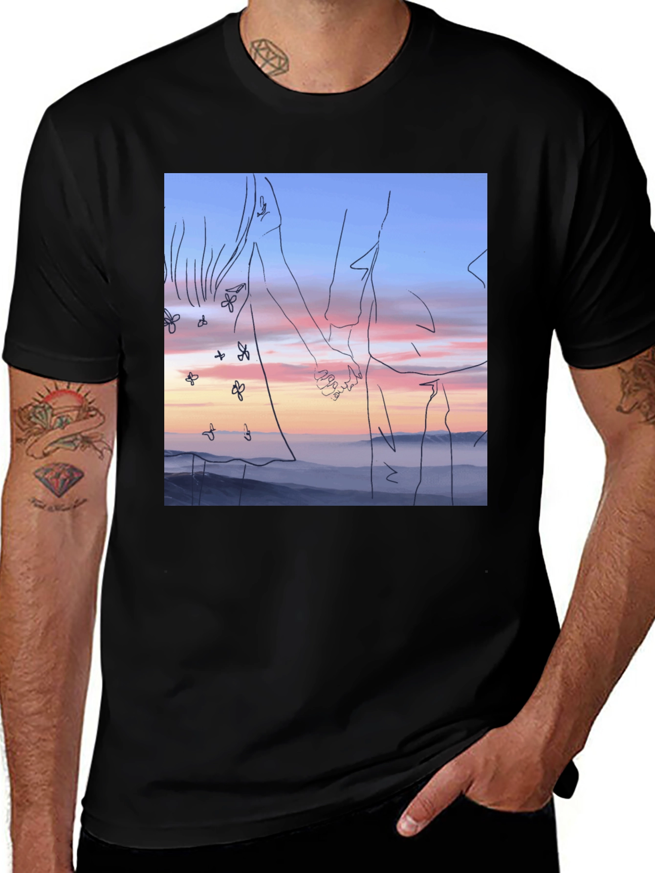 Variant 3 of Sunset Love T-Shirt: Unique Line Art Tee