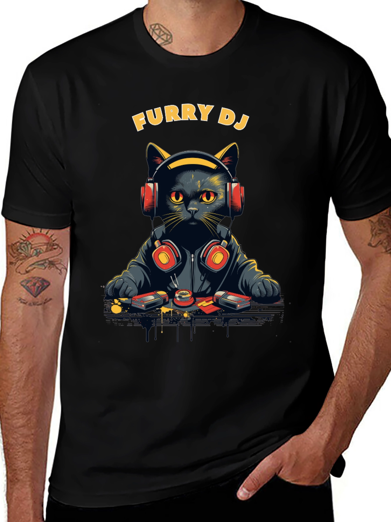 Variant 26 of Furry DJ Cat Graphic Tee - Black T-Shirt