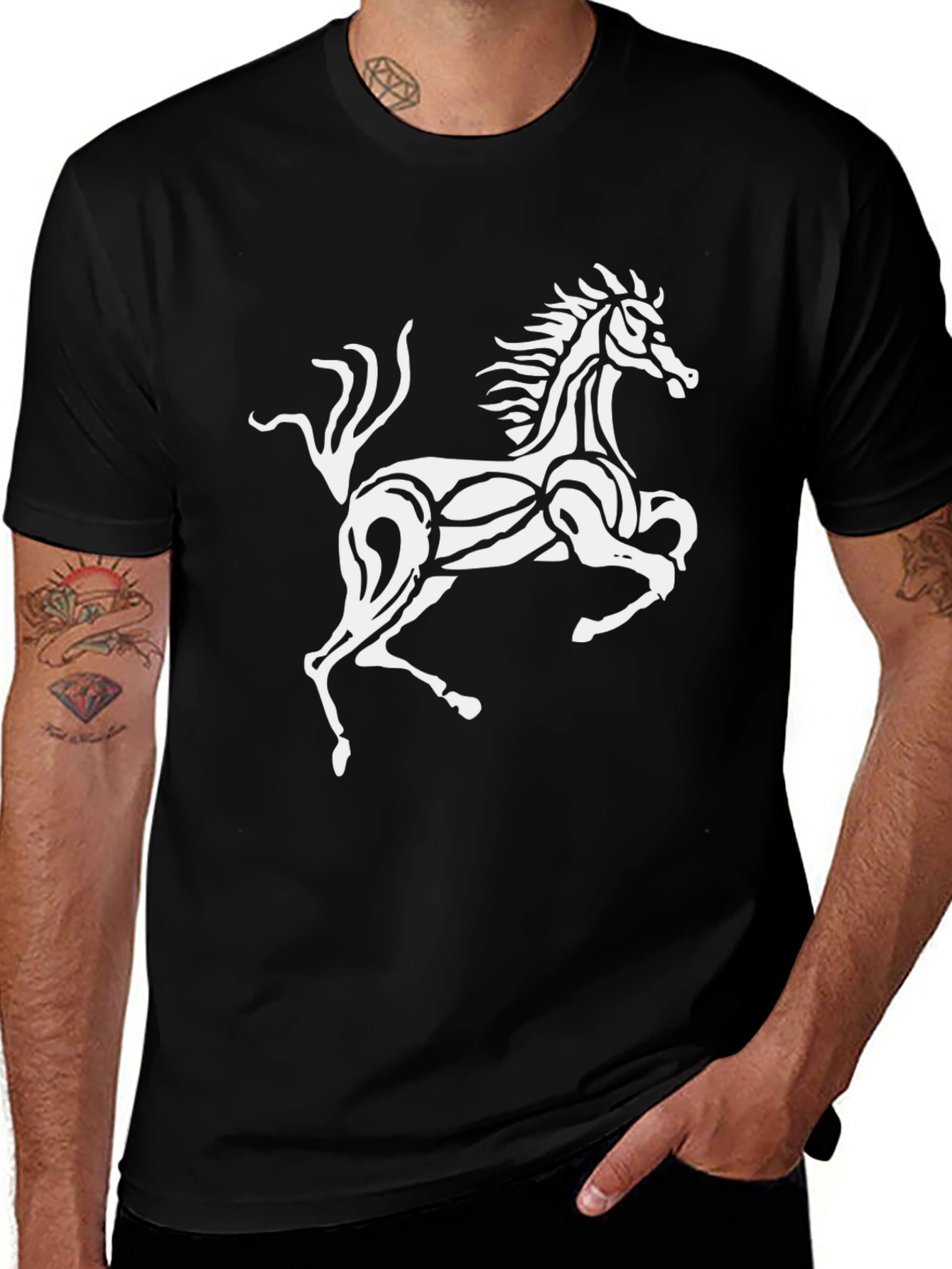 Variant 13 of Black T-Shirt with Stylized White Horse Graphic