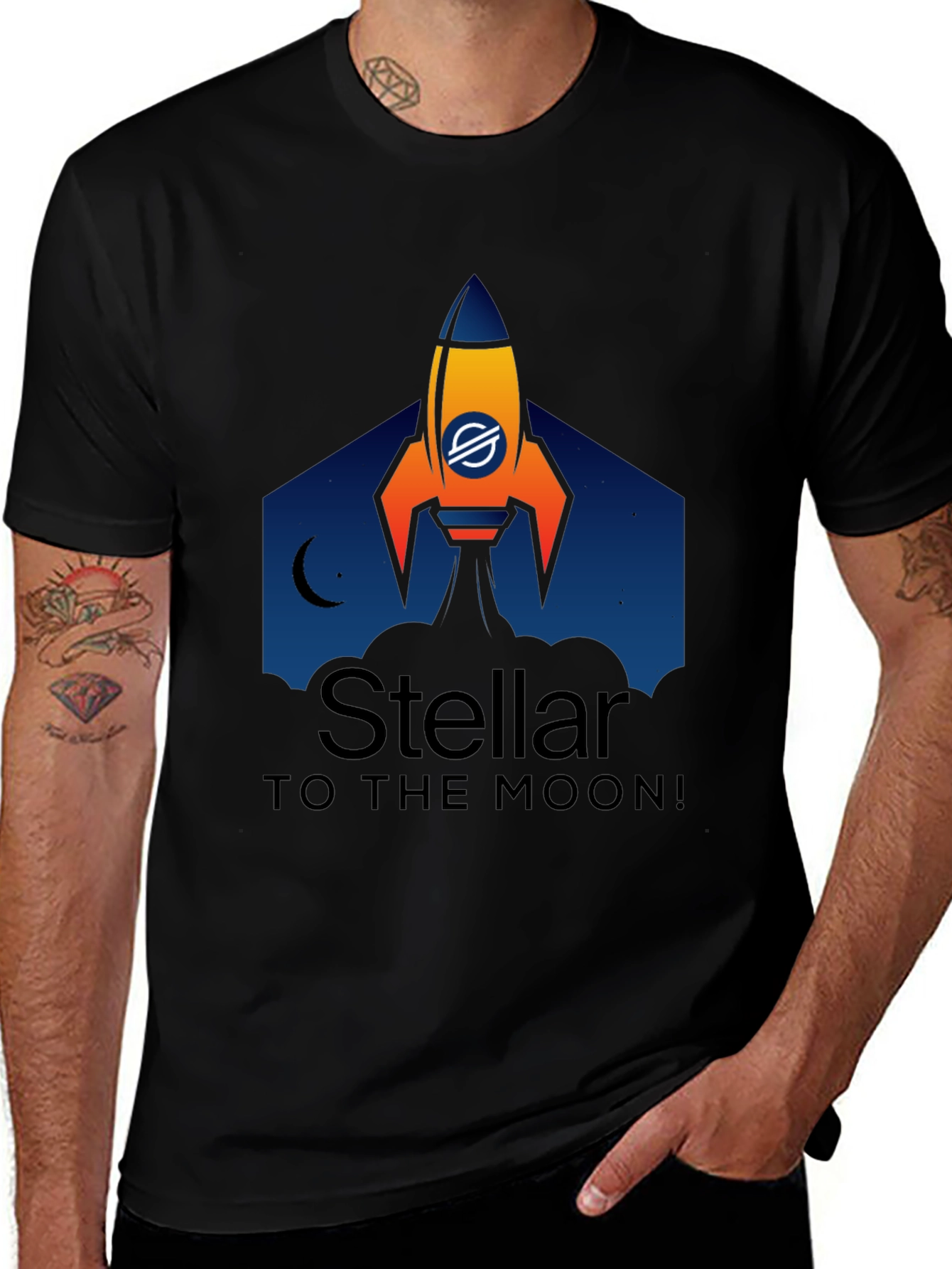 Stellar to the Moon Black T-Shirt - Crypto Rocket Design
