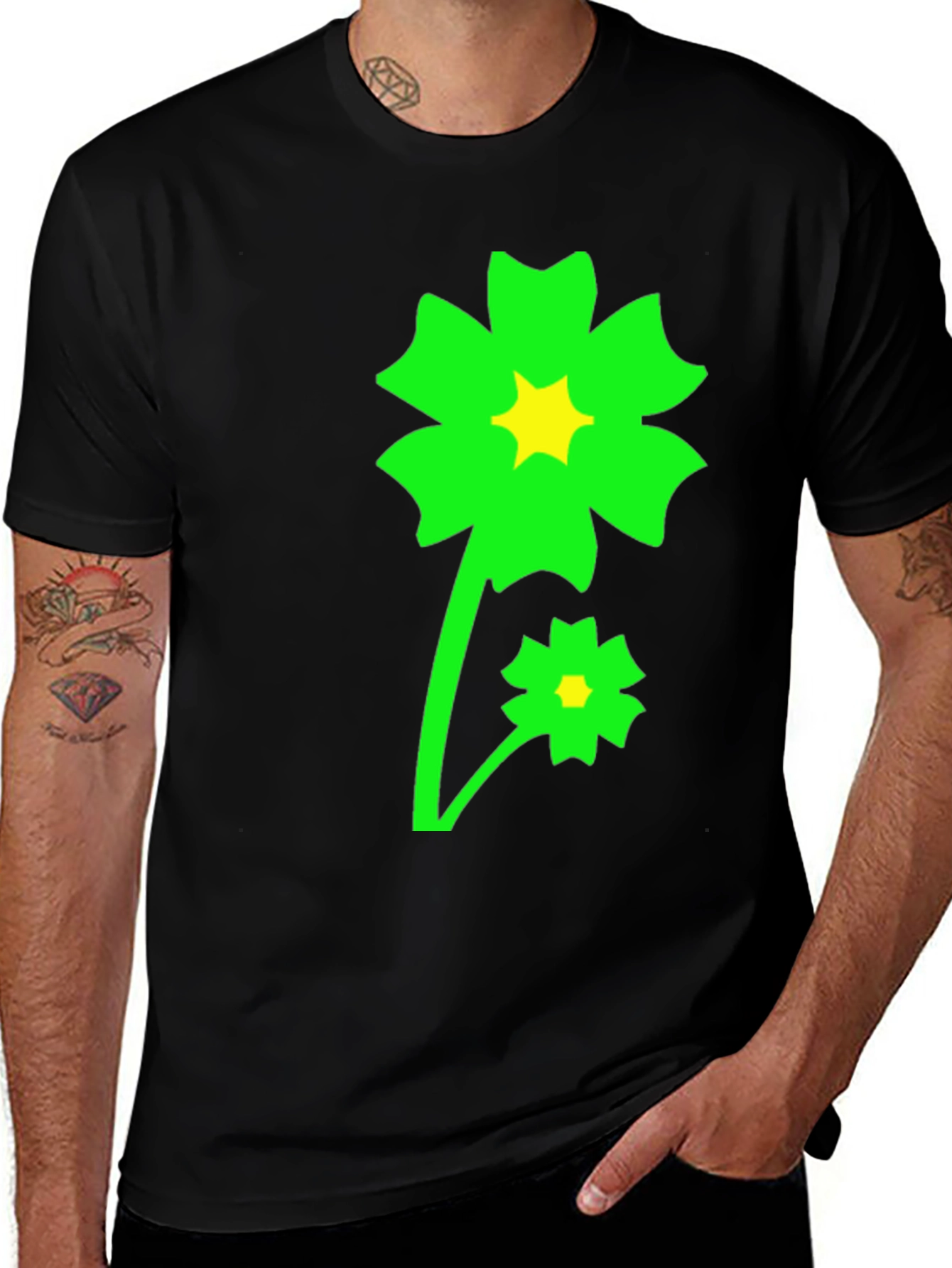 Green Flower Graphic Black T-Shirt
