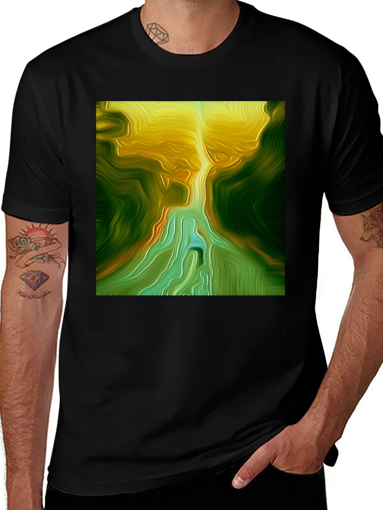 Abstract Nature T-Shirt - Green & Gold Swirl Design