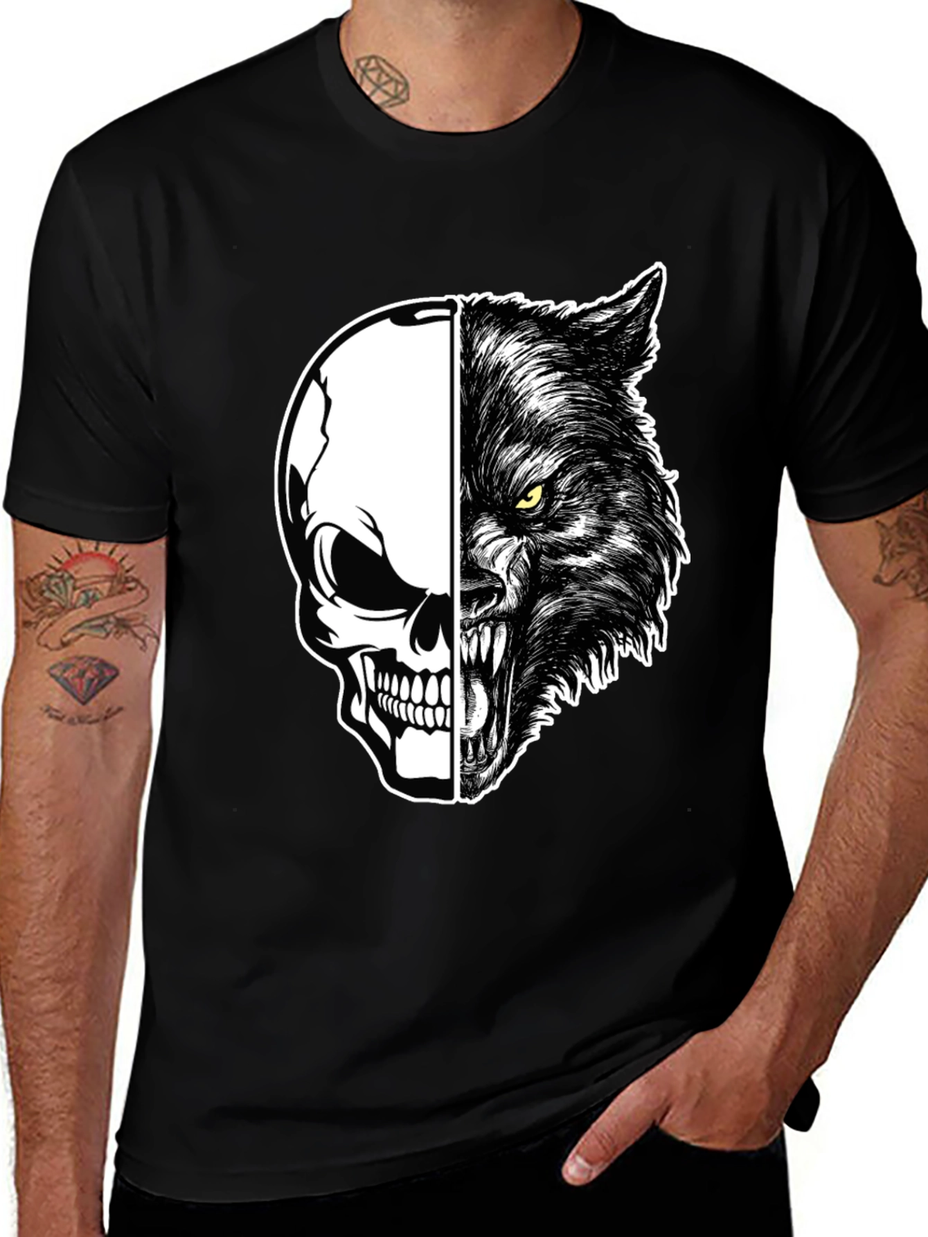 Variant 15 of Skull Wolf Graphic Print Men's Black T-Shirt
