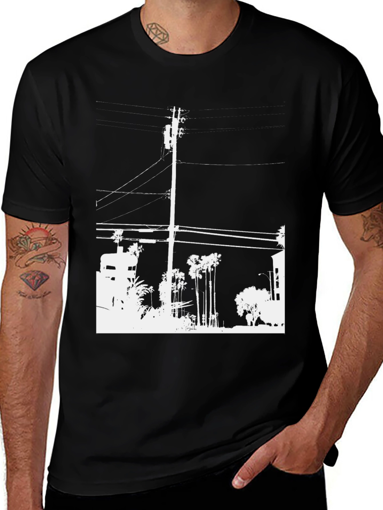 Variant 25 of Black Graphic Tee - White Cityscape Design