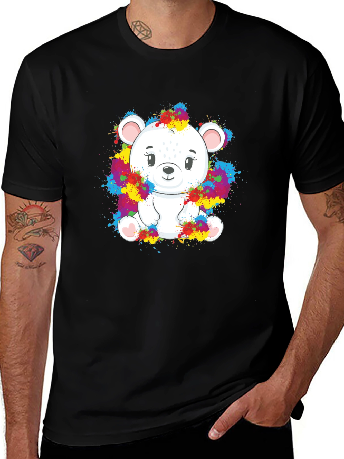 Variant 21 of Cute Bear Splatter Print Black T-Shirt