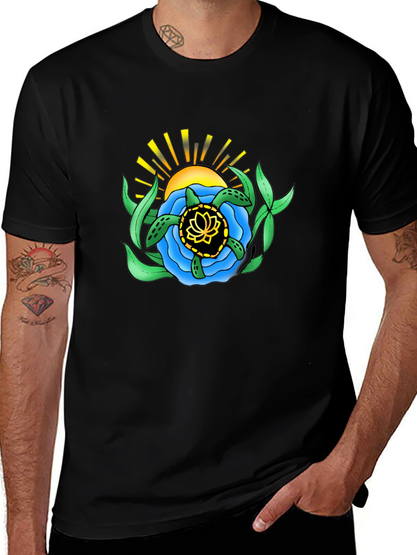 Variant 6 of Sea Turtle Lotus Flower Graphic Tee