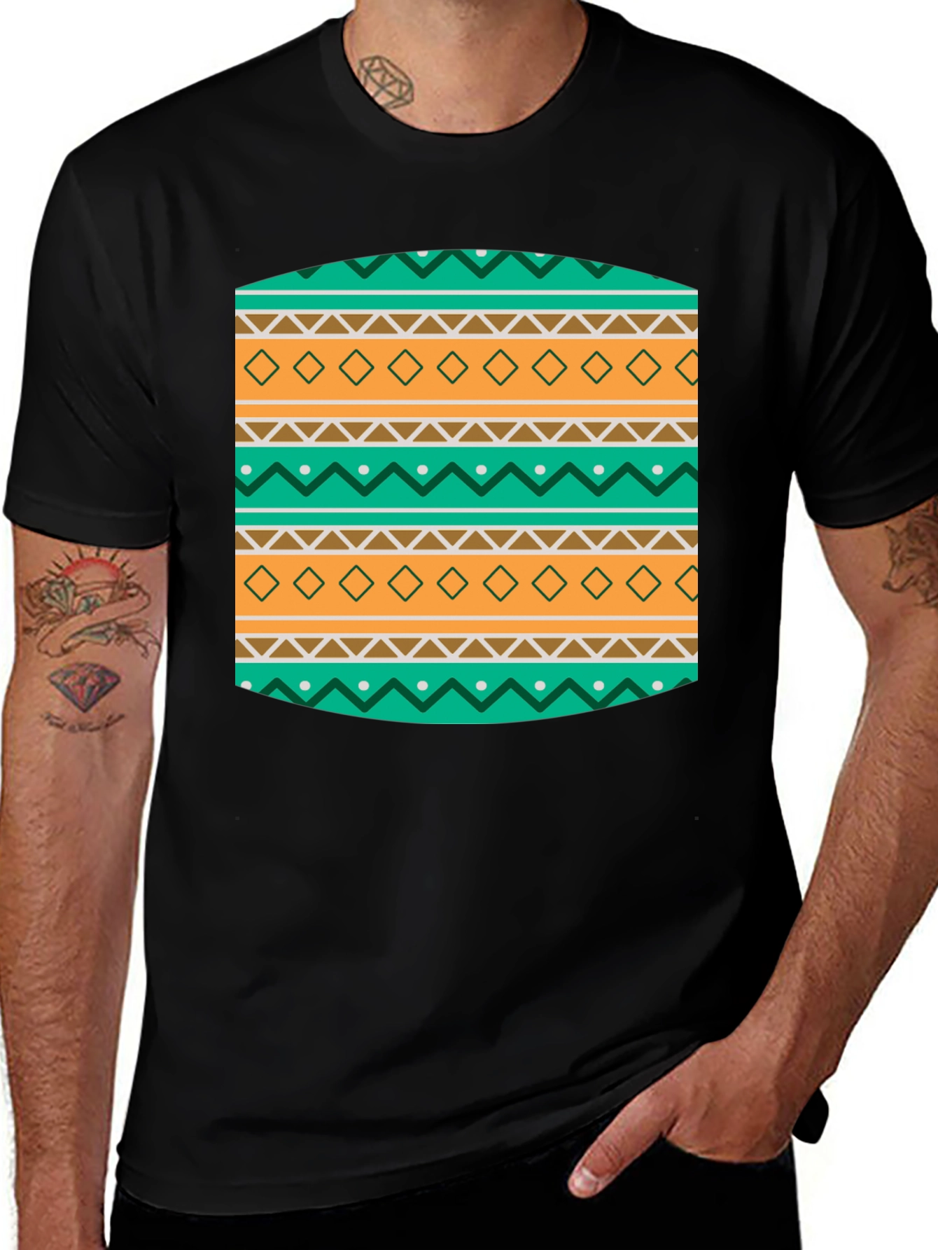 Variant 21 of Geometric Pattern Crew Neck T-Shirt - Black