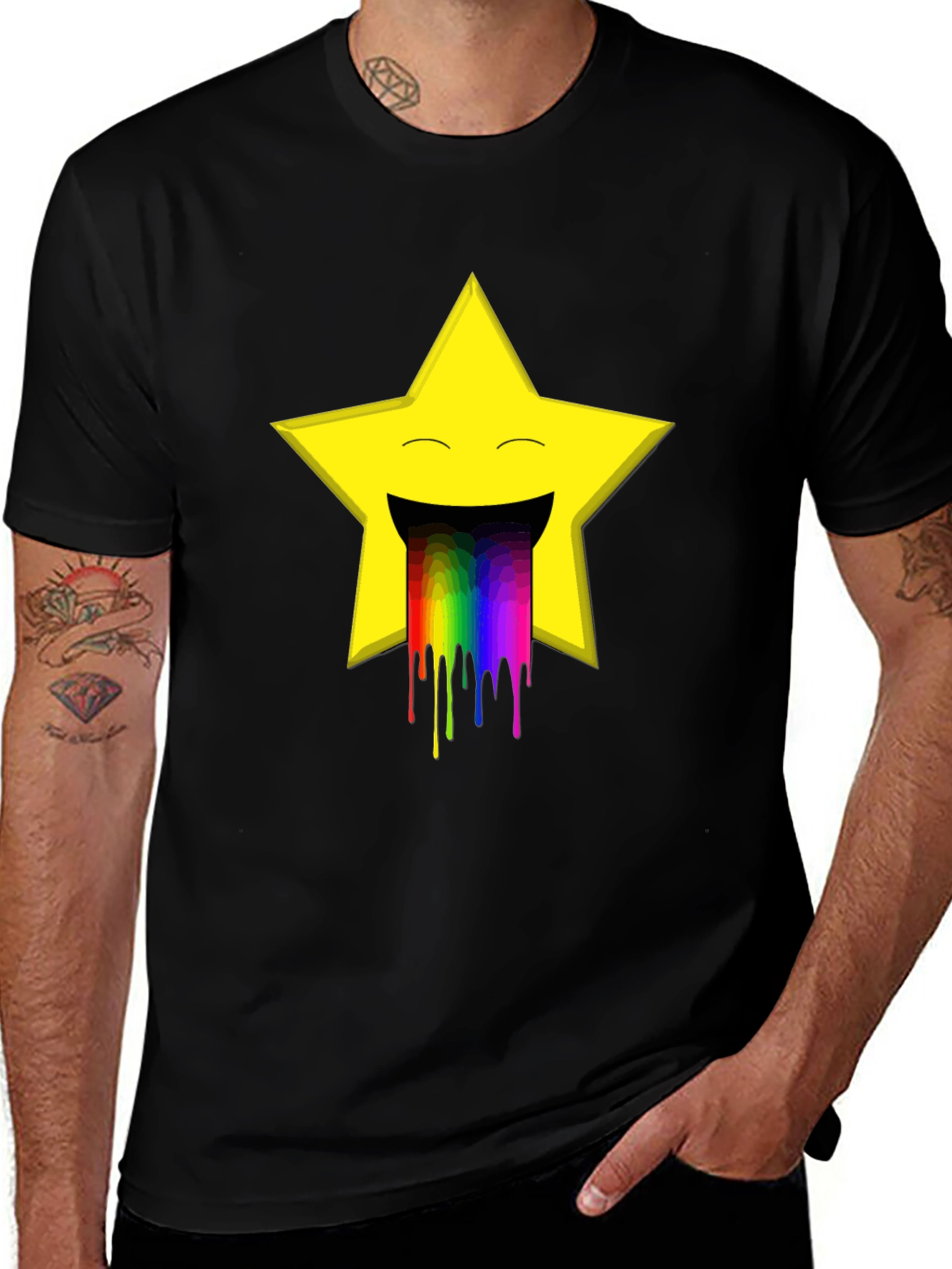 Variant 21 of Rainbow Puke Star Graphic Tee - Black Cotton T-Shirt