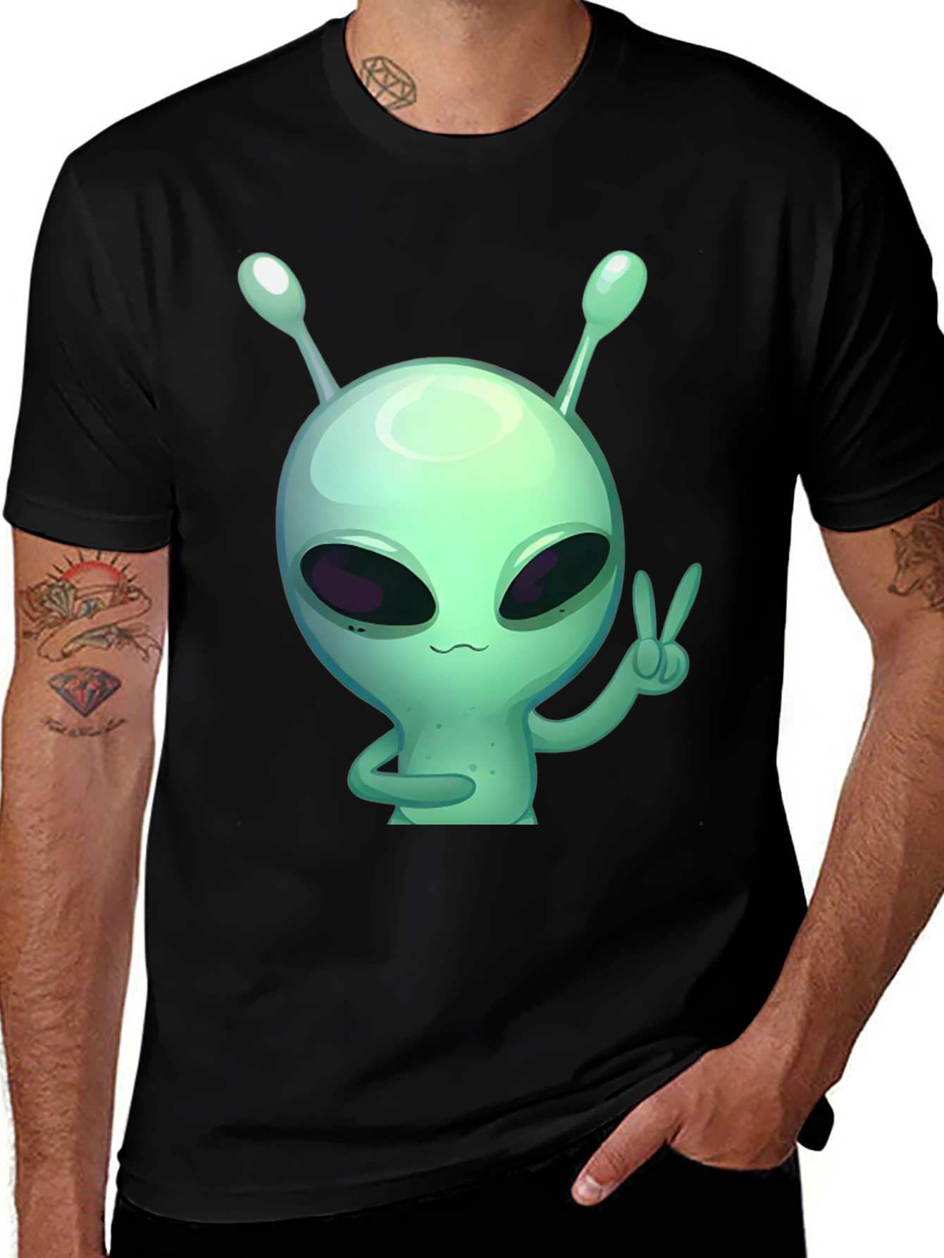 Variant 3 of Alien Peace Sign Graphic Tee - Black Cotton T-Shirt