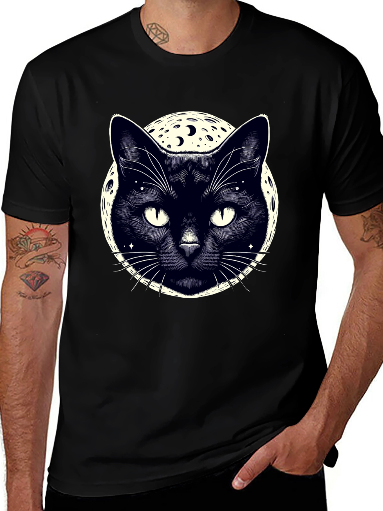 Variant 20 of Mystic Cat Moon Graphic Tee - Black Cotton T-Shirt