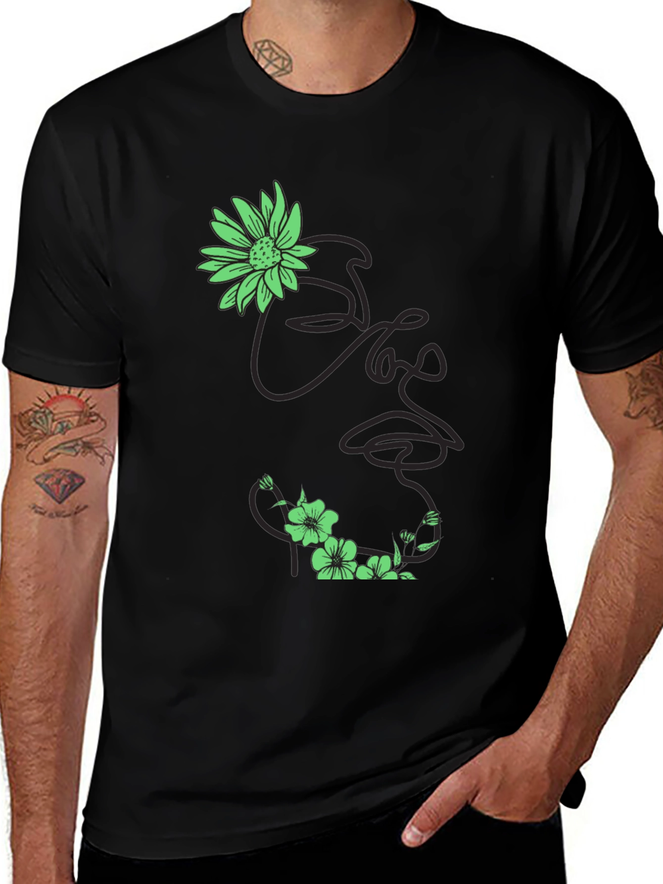 Variant 20 of Floral Face Line Art Black T-Shirt