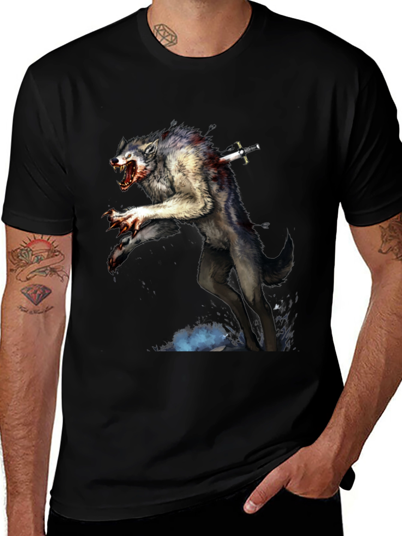 Variant 17 of Wolf Sword Tee - Fierce Graphic Print Black T-Shirt