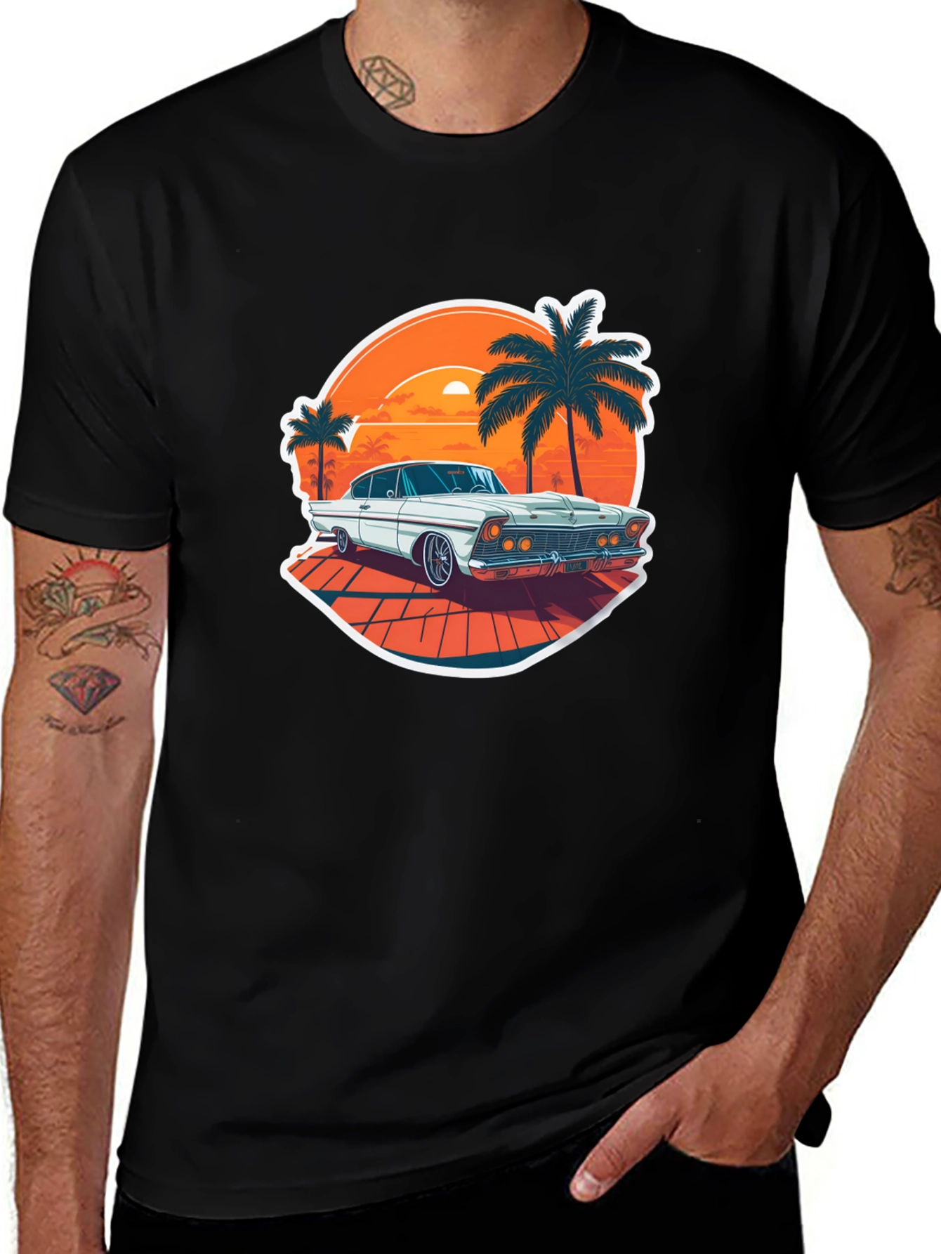 Variant 16 of Retro Car & Palm Tree Graphic Tee - Black