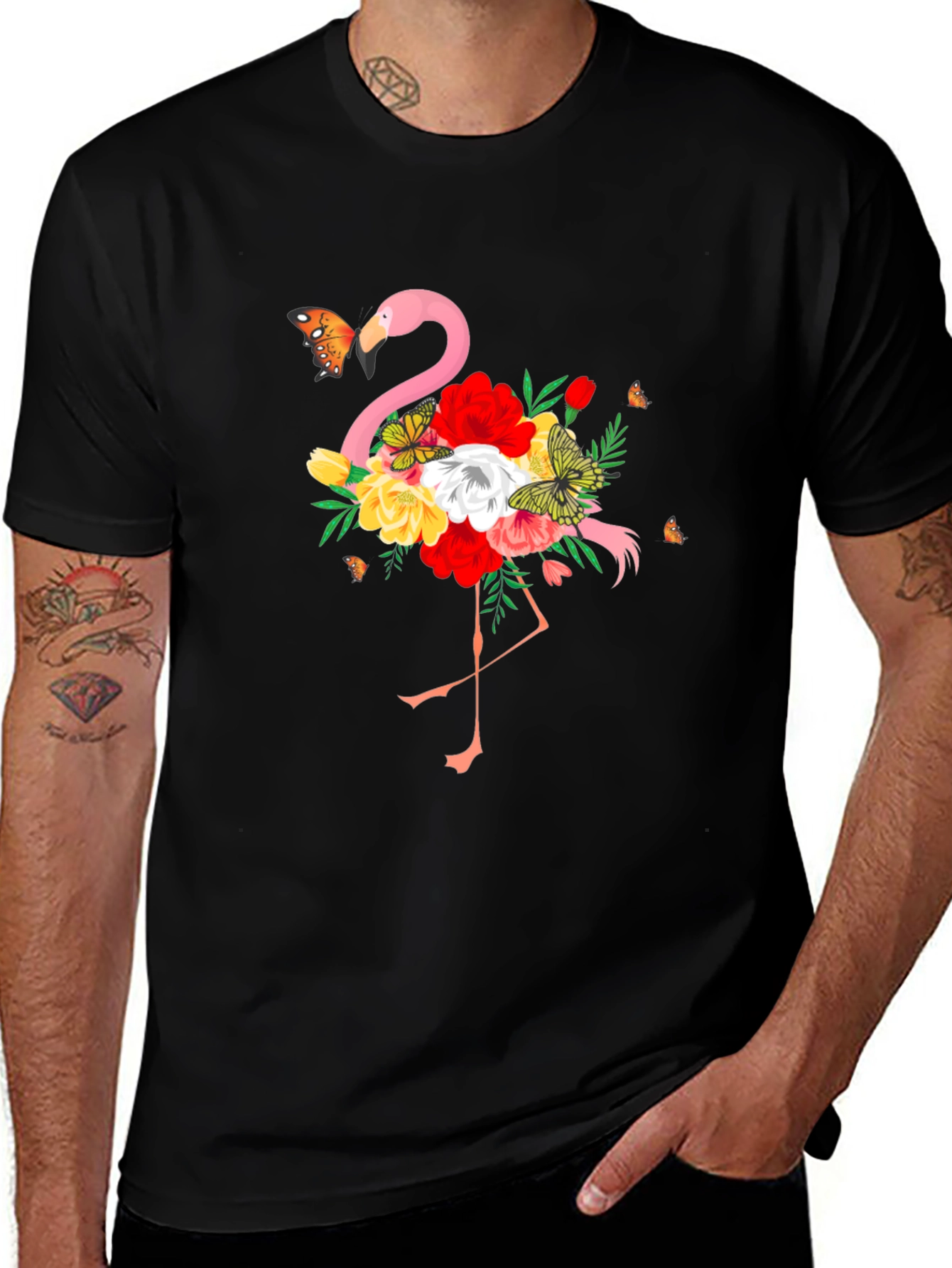 Variant 2 of Floral Flamingo Graphic T-Shirt - Black