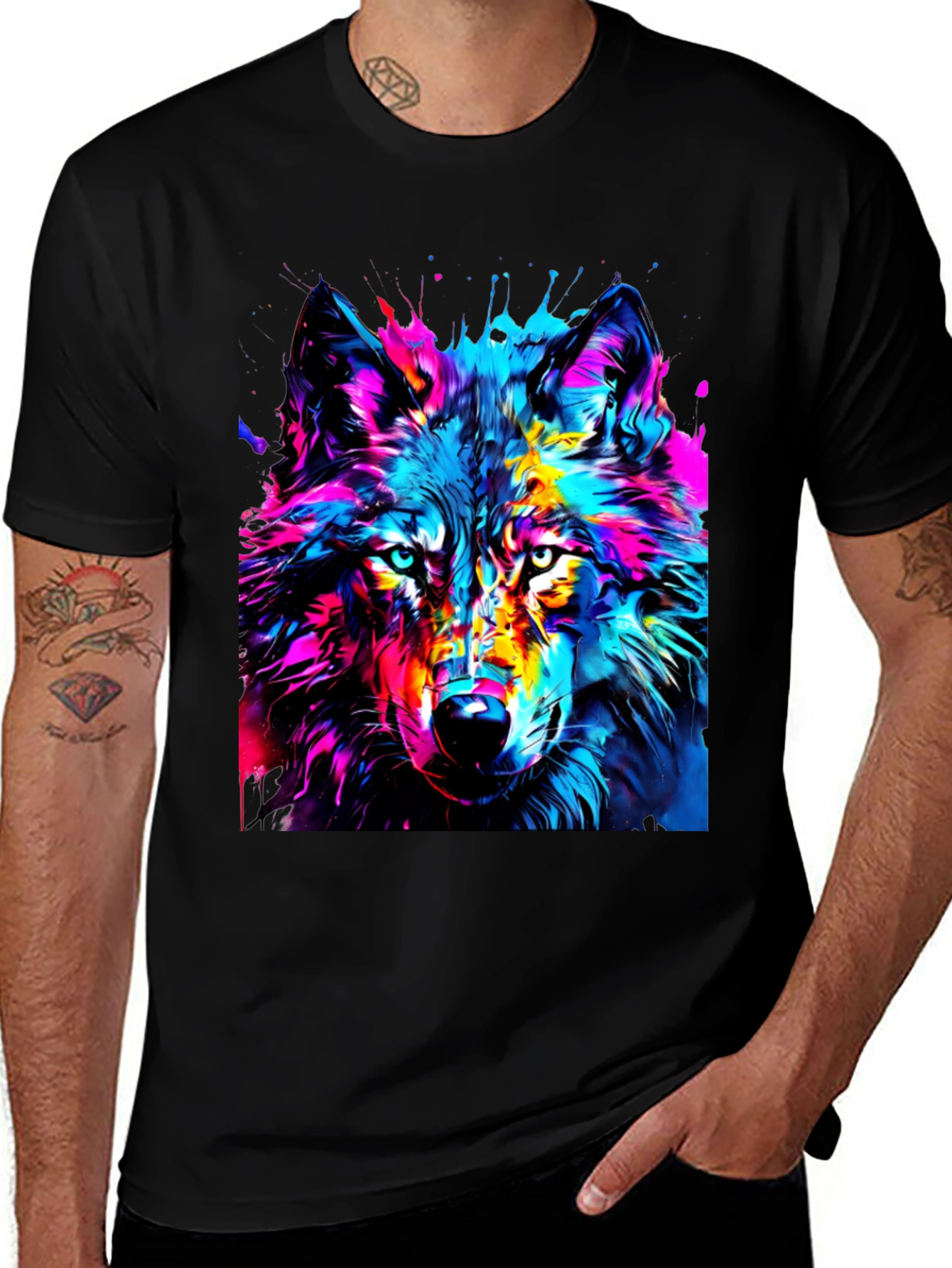 Variant 11 of Colorful Wolf Graphic Black T-Shirt