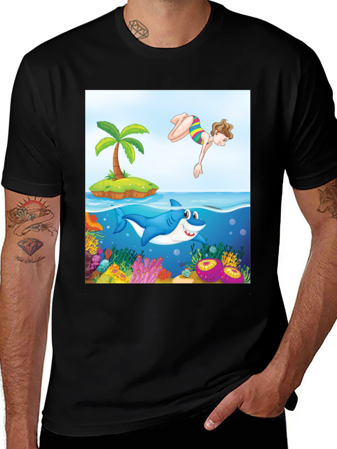 Variant 13 of Cartoon Shark Scene Black T-Shirt