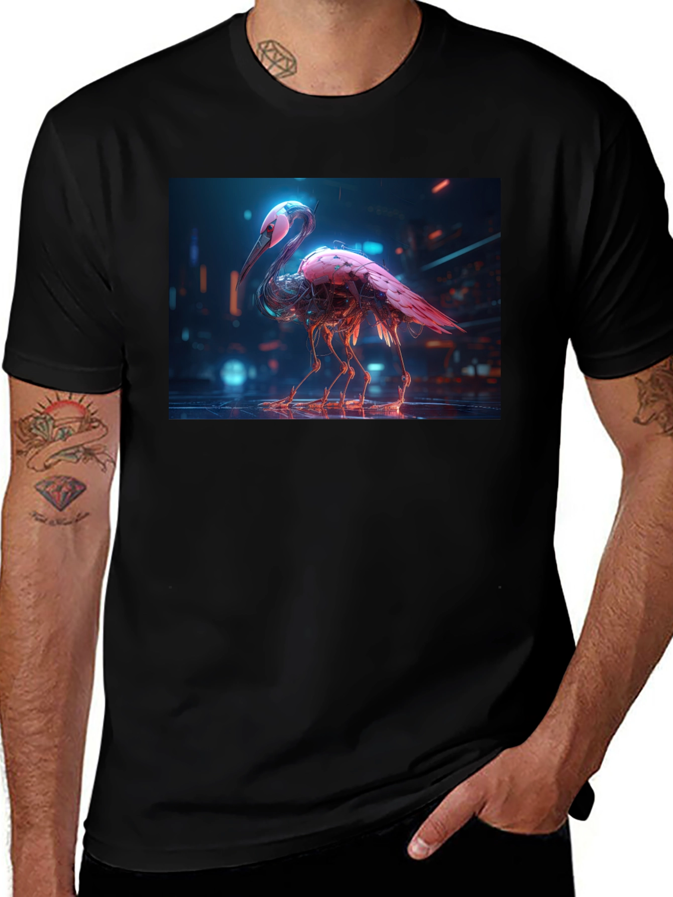 Variant 20 of Cyberpunk Flamingo Graphic Tee - Black