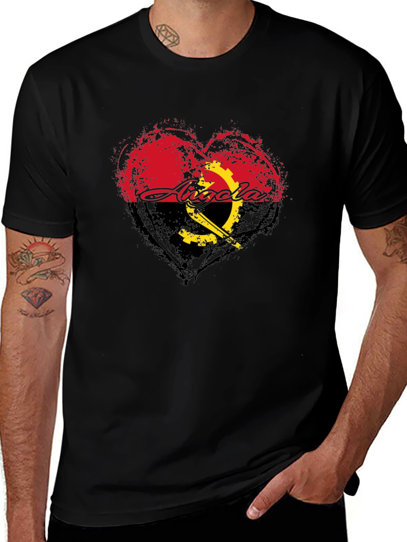 Angola Flag Heart T-Shirt - Black Crew Neck Tee