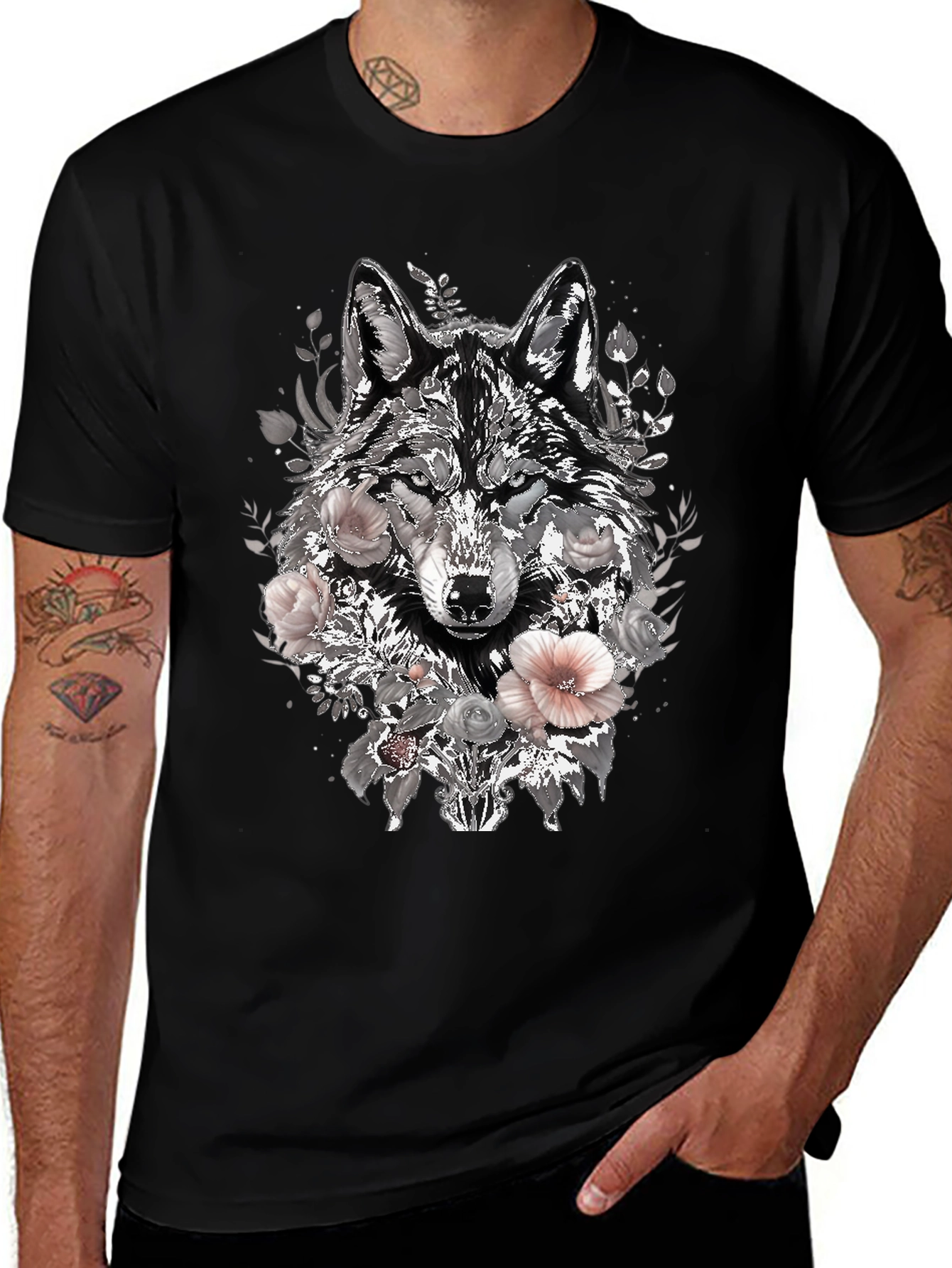 Variant 18 of Floral Wolf Graphic Tee - Black