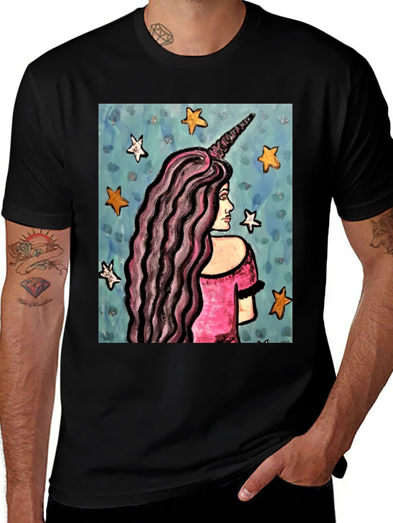 Variant 22 of Unicorn Girl Graphic Tee - Black Cotton T-Shirt