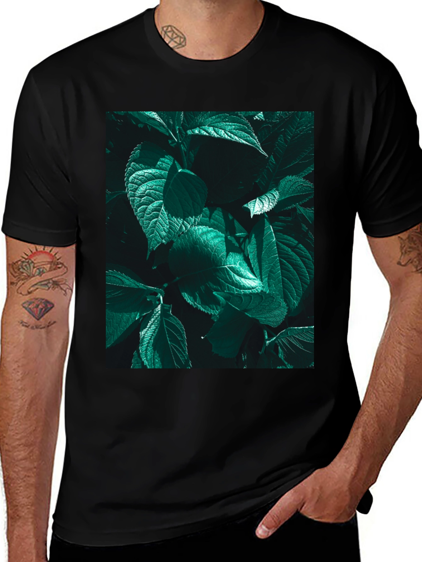 Variant 23 of Emerald Leaves Graphic Black T-Shirt