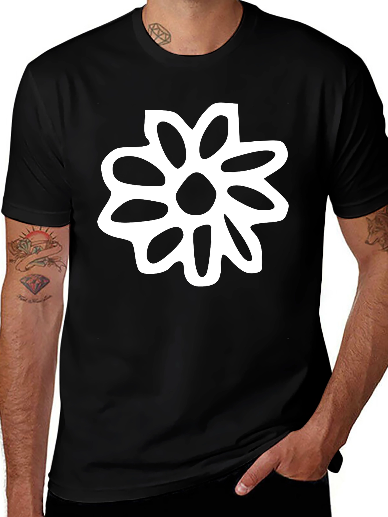 Black Black T-Shirt with White Flower Graphic main image