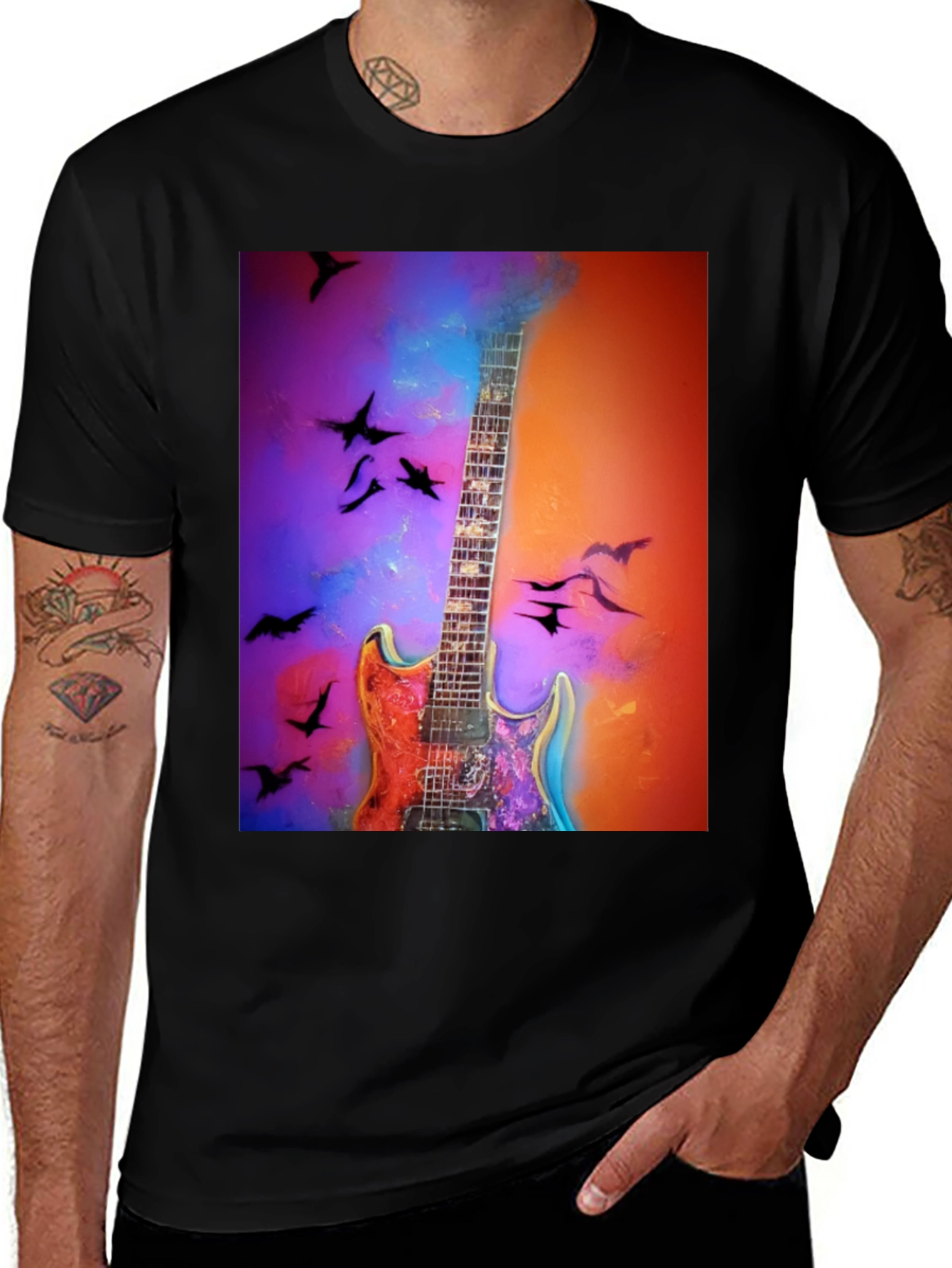 Variant 17 of Electric Guitar & Birds Graphic T-Shirt - Cool Music Tee