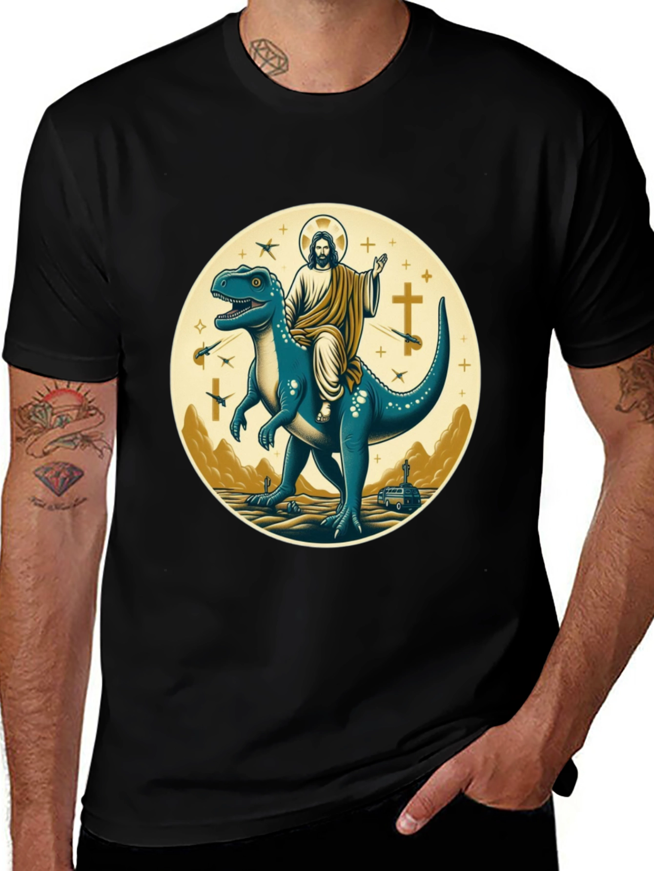 Variant 17 of Jesus Riding Dinosaur Graphic Tee