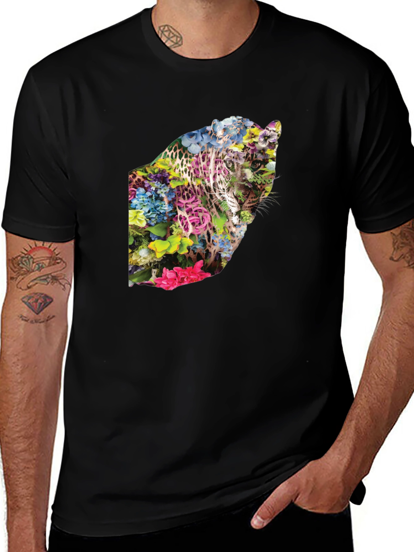 Variant 11 of Floral Leopard Print Black T-Shirt - Stylish & Unique