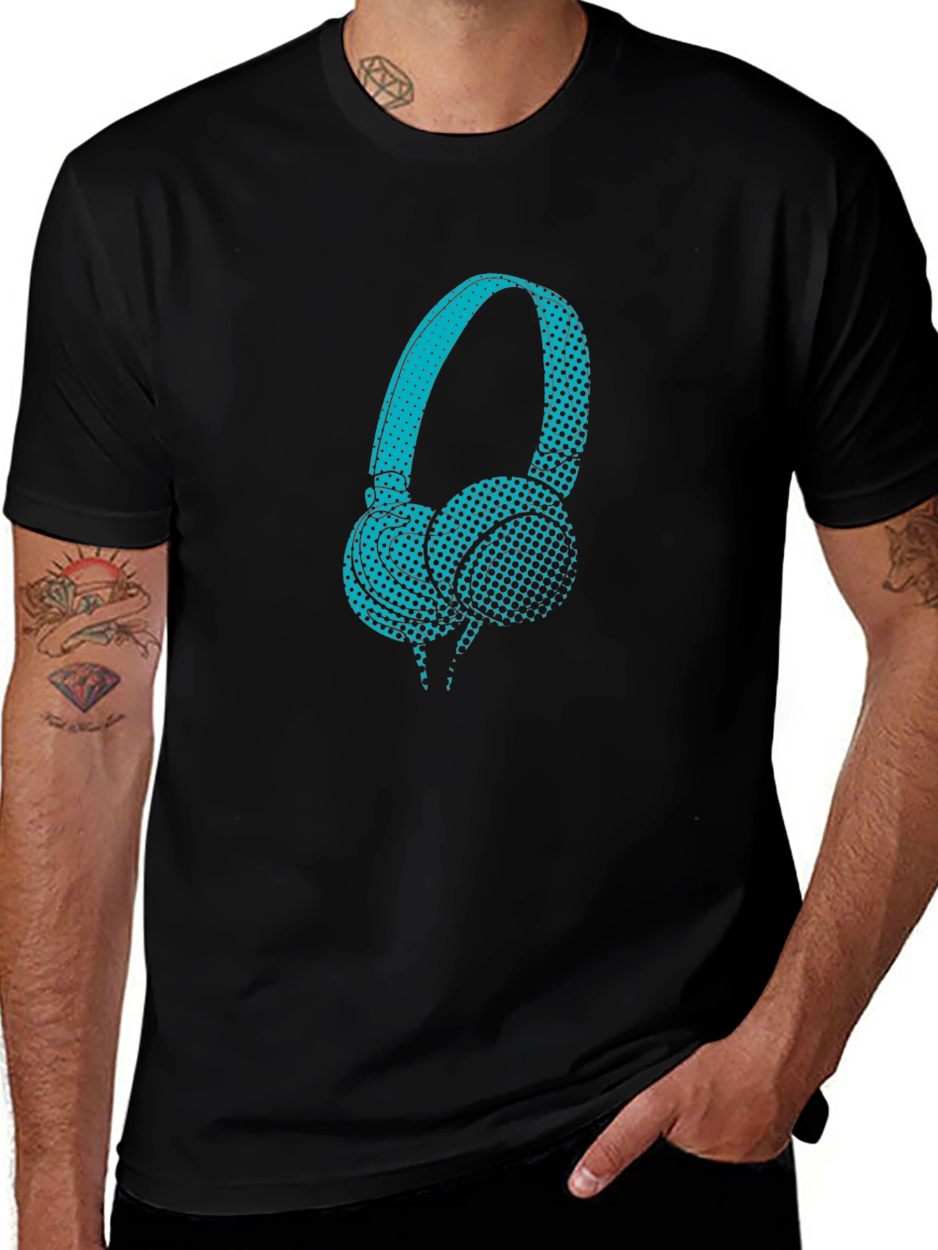 Graphic Teal Headphones Black T-Shirt