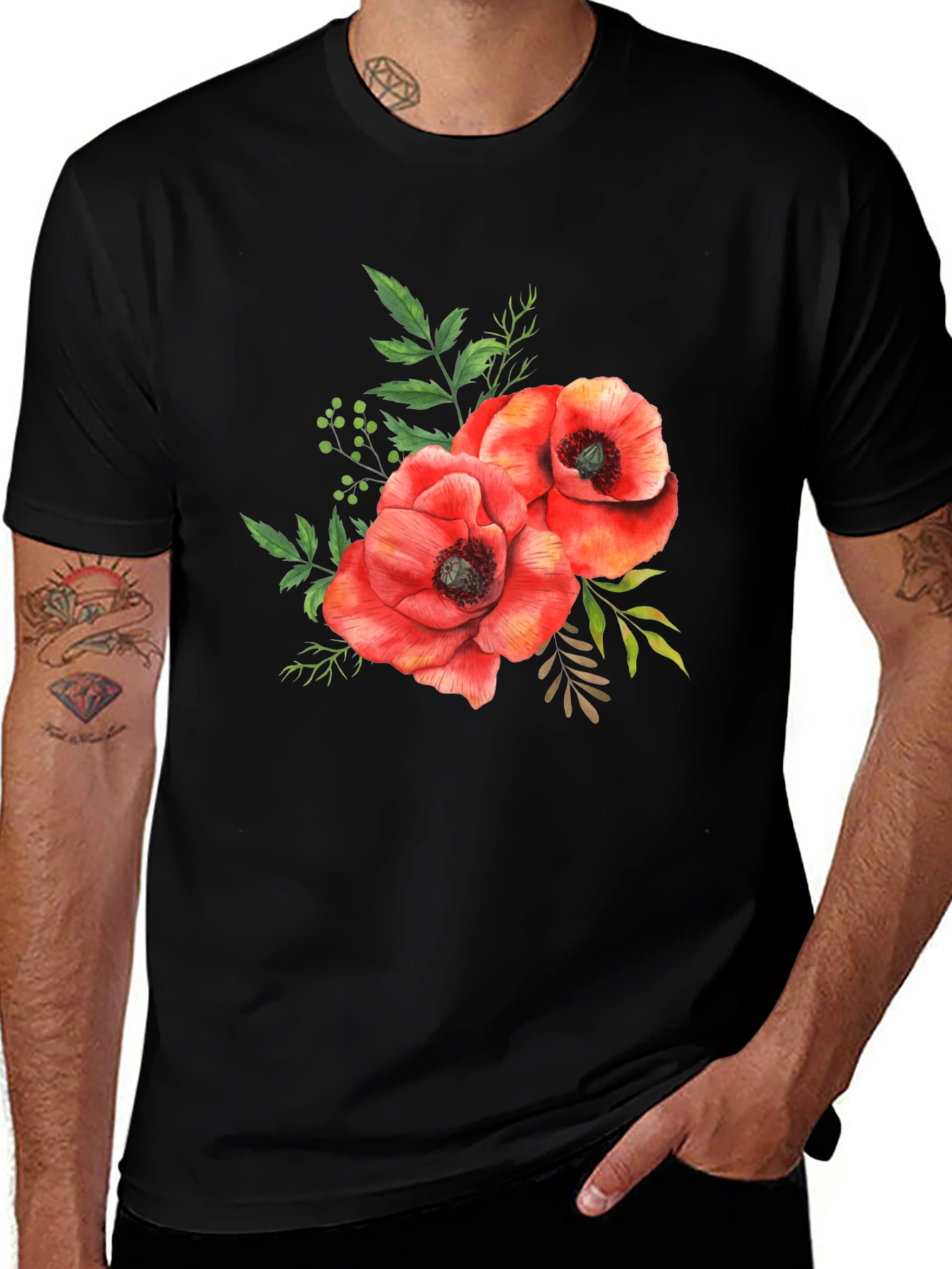 Variant 12 of Floral Poppy T-Shirt - Black Cotton Tee