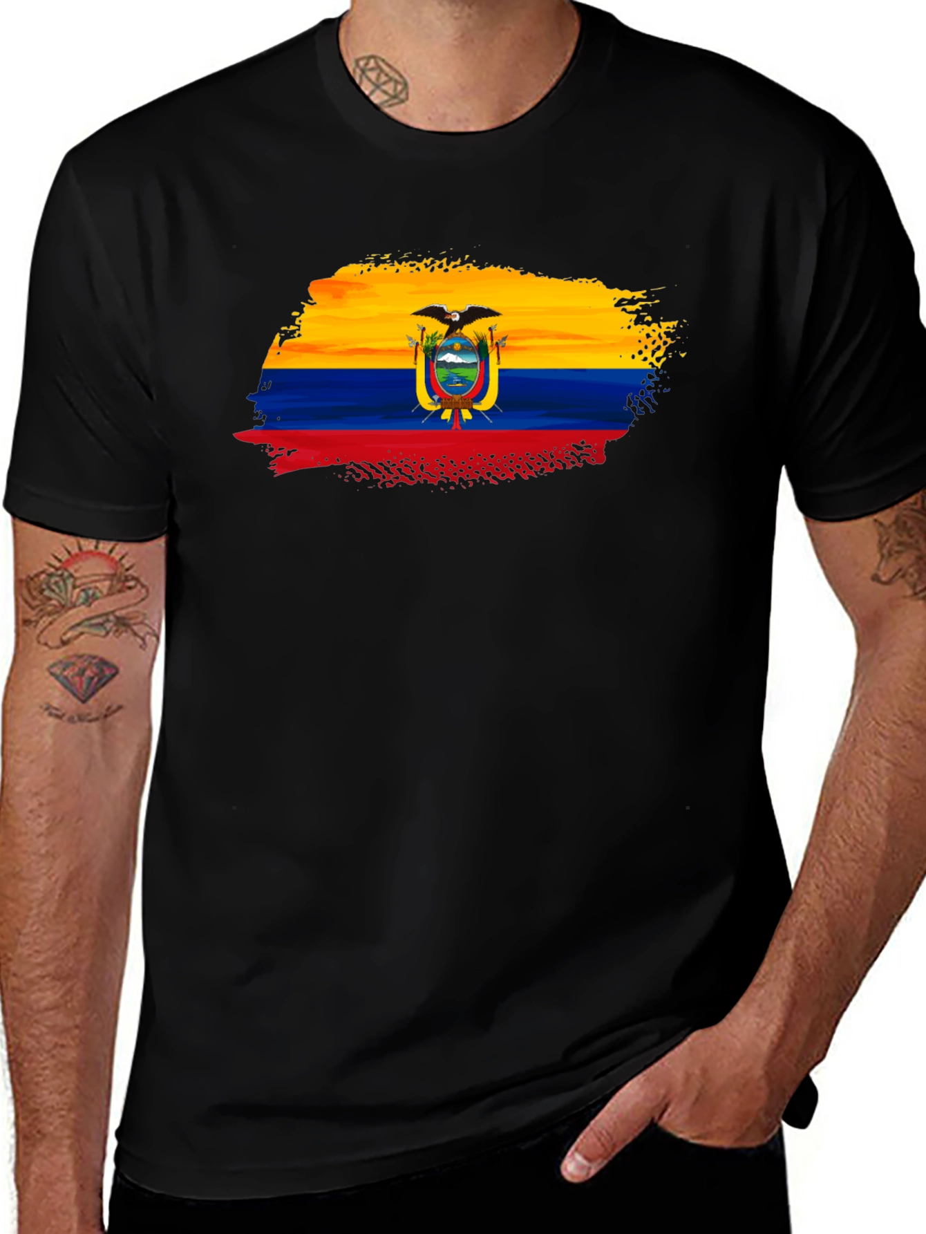 Variant 13 of Ecuador Flag Brushstroke Men's Black T-Shirt
