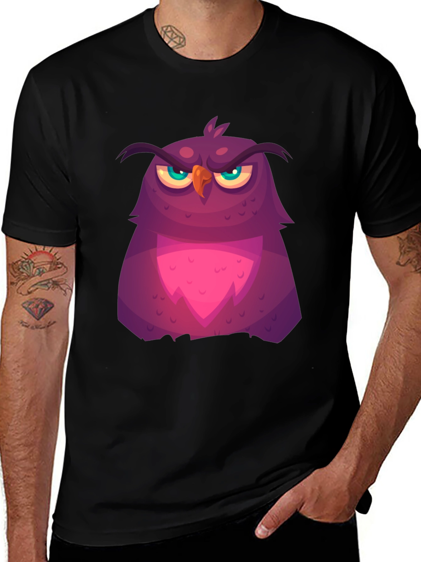 Variant 22 of Grumpy Cartoon Owl Graphic Tee - Black Cotton T-Shirt