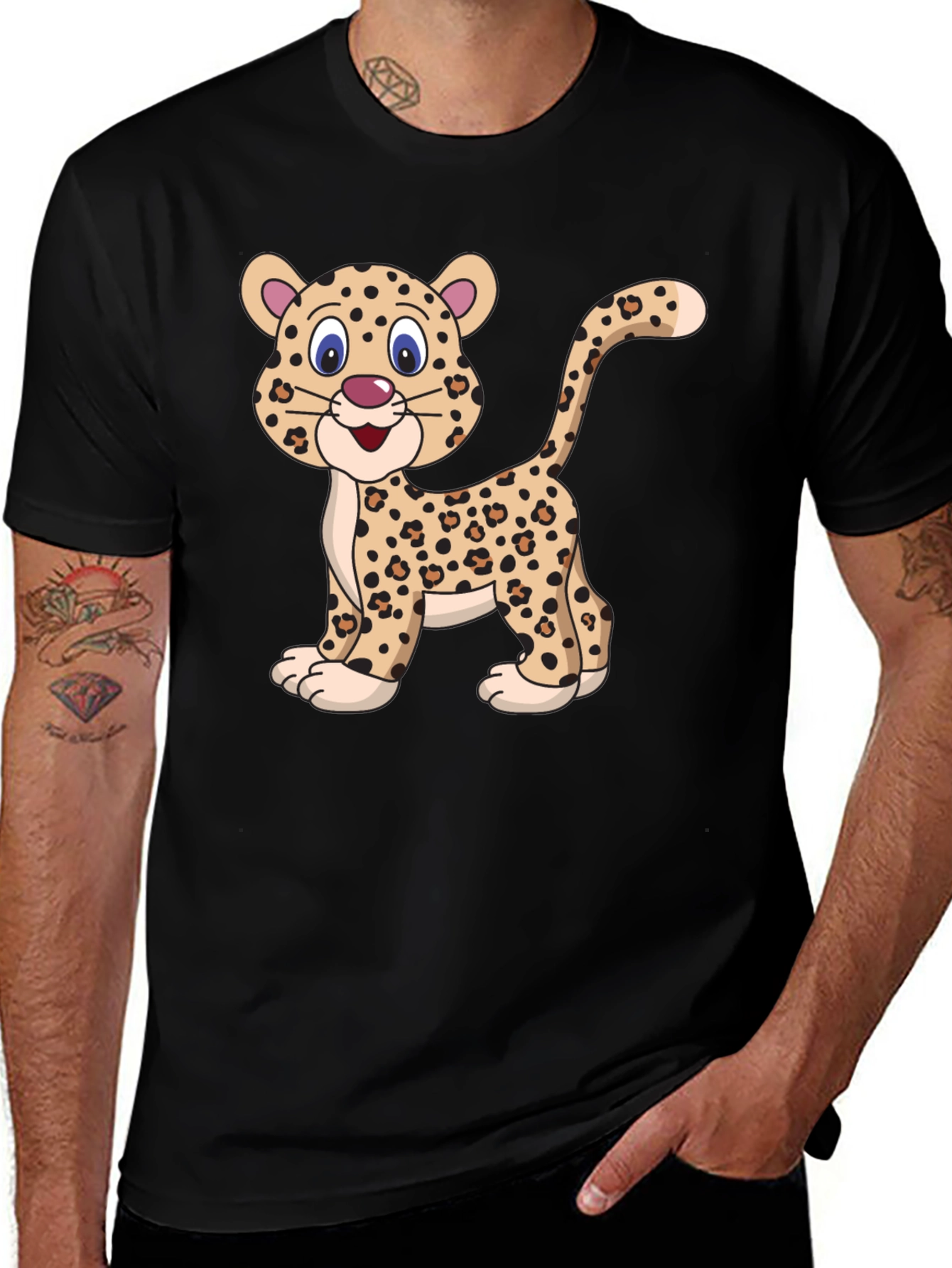 Variant 6 of Men's Black T-Shirt with Leopard Cartoon