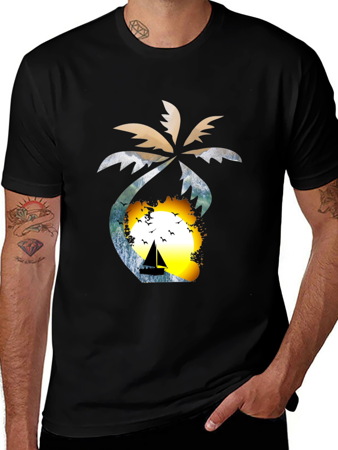 Variant 17 of Tropical Sunset T-Shirt: Palm Tree Sailboat Design